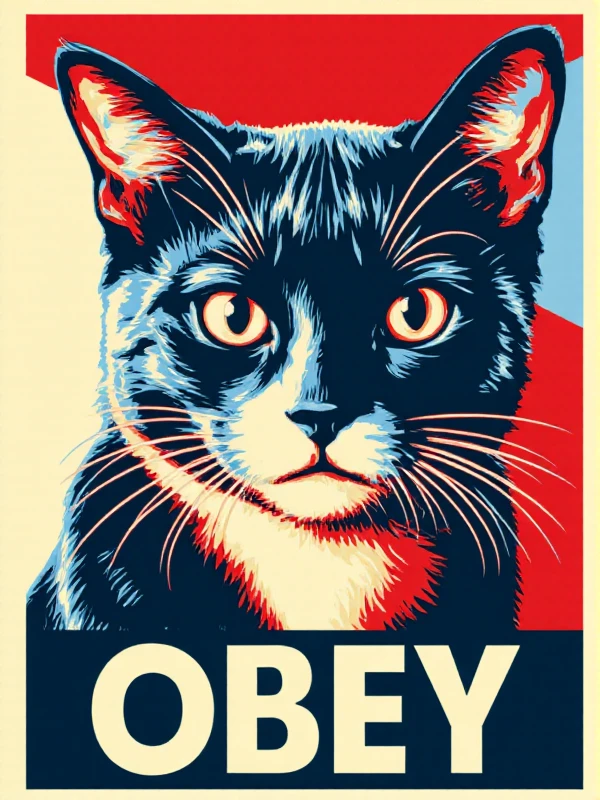 <lora:Shepard_Fairey_Style:0.9> shepard fairey style, a cat closeup face portrait with the text "OBEY"