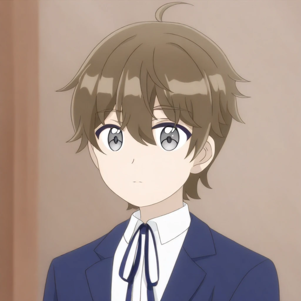 1boy, male focus, solo, grey eyes, brown hair, short hair, hair between eyes, ahoge, shirt, white shirt, collared shirt, ribbon, neck ribbon, jacket, blue jacket,