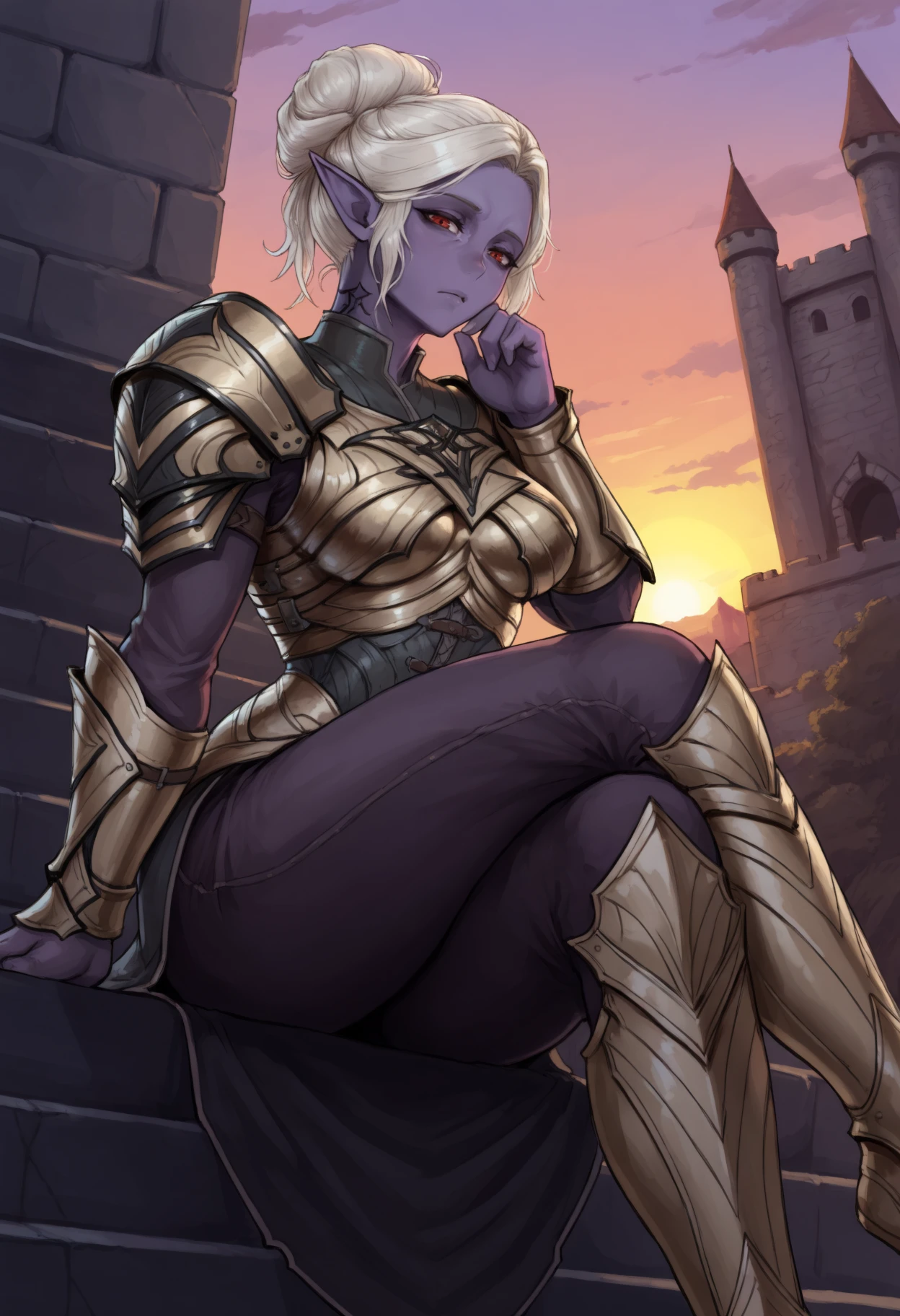 masterpiece, best quality, 1girl, colored skin, purple skin, pointy ears, red eyes, hair bun, short hair, white hair, neck tattoo, medium breasts,
yellow breastplate, shoulder armor, armor, undershirt, yellow greaves,
looking at viewer, tired, sitting, stairs, crossed legs,
outdoors, castle, sunset, low-angle view, side view,
<lora:Minthara-NoobAi-1.1_V1-Manityro-CAME:1>,