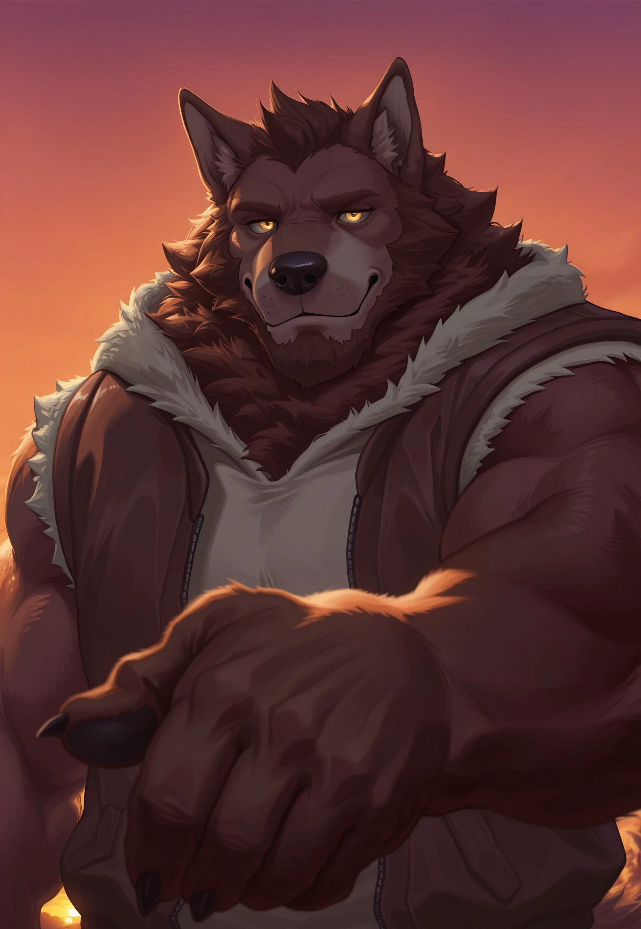 z0r0j, furry, solo, beard, logan \(lustful desires\), 
wolf, werewolf, mammal, close up, reaching, reaching hand, upper body, sunset, (nice hands, claws), (sleeveless jacket), 5fingers, inviting, looking at viewer, close up, 



, z0r0j, masterpiece,best quality,amazing quality,