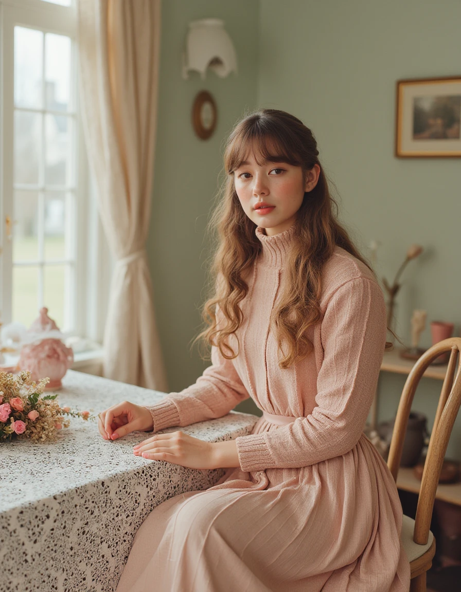 This image appears to be a high-resolution photograph likely taken with a DSLR camera, possibly a Canon EOS 5D Mark IV, given the clarity and depth of field. The aperture seems to be around f/2.8, providing a shallow depth of field, keeping the subject in sharp focus while the background is softly blurred. The ISO is likely set to a low value, around 100-200, to minimize noise, and the shutter speed is fast enough to capture the scene crisply, likely around 1/125s.The composition employs the rule of thirds, with the subject positioned slightly off-center, creating a balanced yet dynamic image. The leading lines of the table and the woman's posture guide the viewer's eye naturally through the scene. The use of natural light from a window on the left side casts soft, diffused light on the subject, enhancing the delicate textures of the fabric and the serene atmosphere. The color palette is muted and harmonious, with the soft pastel tones of the woman's outfit complementing the earthy and floral elements in the background. The textures of the lace tablecloth and the floral arrangement add depth and richness to the image. The overall style leans towards a romantic, vintage aesthetic, reminiscent of the Pictorialism movement in photography. She is wearing Jacquard knit sweater and maxi skirt, with boots. beautiful woman with normal average weight, she is not fat or obese, her head is small, in good proportion to the rest of the body, round face no chin dimple , detailed skin texture, P4st3l photography, film pastel toned photography, <lora:pastelphoto:1>