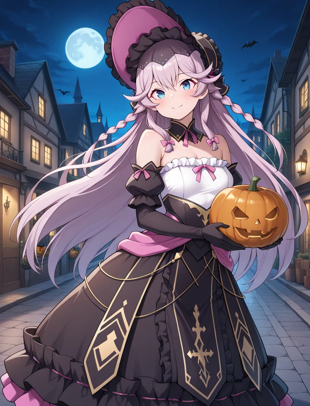 (masterpiece) ,best quality,amazing quality,very aesthetic,absurdres,newest, anime style, BREAK   Sinful_Angelica, Town, night, halloween, holding pumpkin, spooky expression