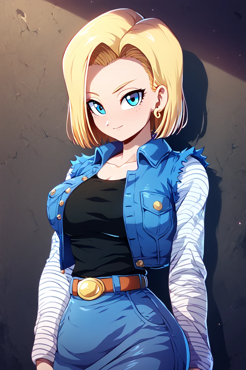 score_9, score_8_up, score_8, medium breasts, (curvy), cute, eyelashes,      ,,,  <lora:Android18PDXL:1.0>, zzAndroid18, blue eyes, blonde hair, short hair, jacket, denim, denim jacket, jewelry, earrings, long sleeves, shirt, skirt, belt, stripes, BREAK, smile, closed mouth, looking at viewer, cowboy shot, ,,, embedding:zPDXL, Expressiveh, ,,, <lora:Konpeto_PDXL_v3:1.0>, <lora:SDXLFaeTastic2400:0.5>, <lora:Expressive_H-000001:0.4>,