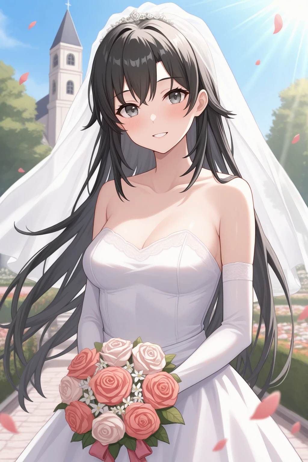 masterpiece, best quality, looking at viewer, blush, smile, parted lips, 1girl, shzhrtsk, medium breasts, long hair, black hair, grey eyes, bridal veil, wedding dress, bridal gauntlets, holding bouquet, outdoors, garden, church, falling petals, sunlight, <lora:Hoseki_Oregairu_ShizukaHiratsuka_IllustriousXL_v1:1>