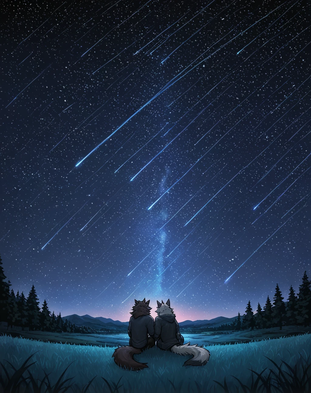 masterpiece, best quality, dangpa, tarran fiddler, 

anthro, male, furred dragon, wolf, hugging, grass, stargazing, millky way, night sky. relaxed, (shooting star, stars:1.3), fully clothed, new zealand, valley, hills, trees, sitting