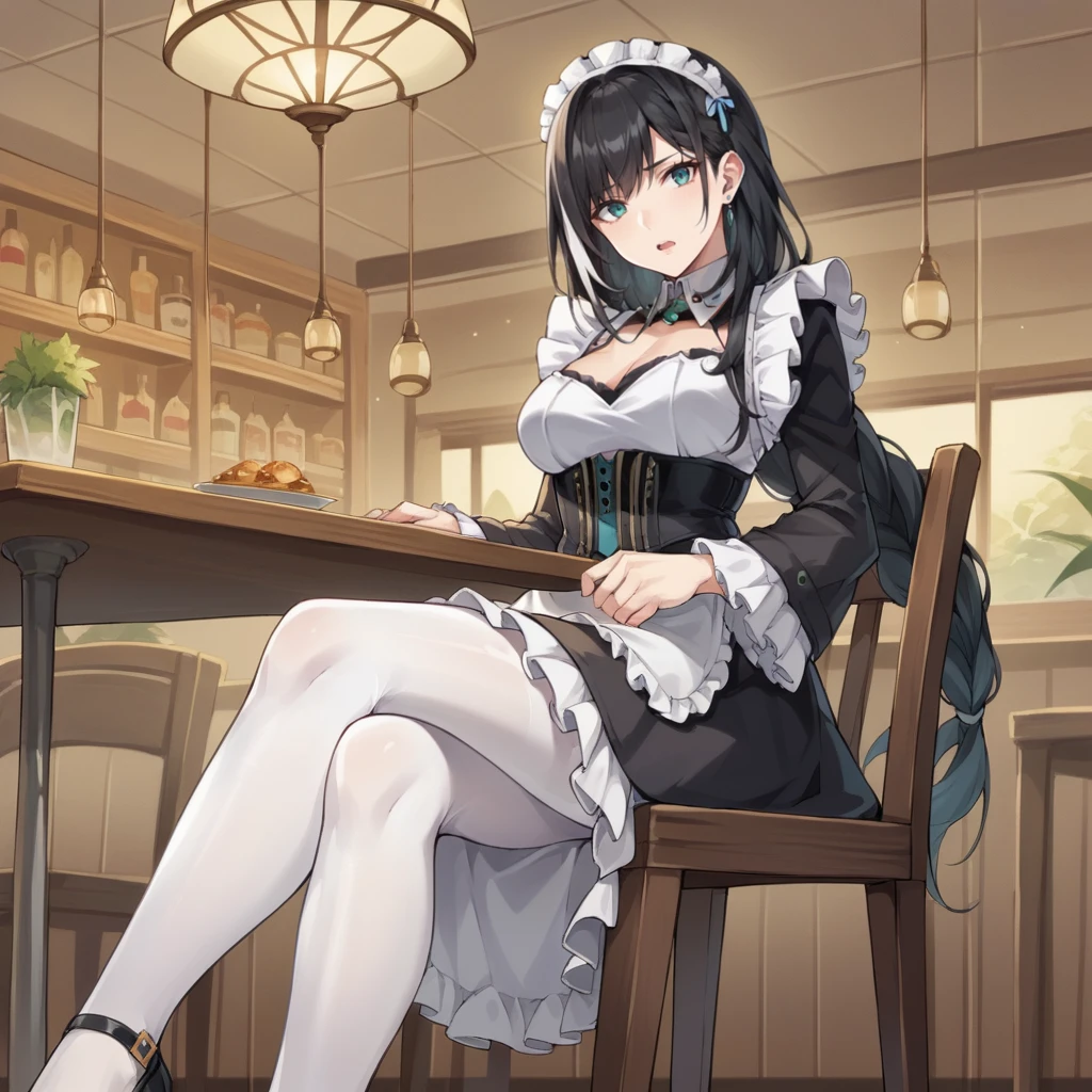 score_9_up, score_8_up, score_7_up, source_anime, 1girl, solo, cafe, indoors, ceiling light, sitting on chair, table, hands on own lap, high heels, black footwear, white pantyhose, angled shot, confused, open mouth, looking at you, head tilt, Baizhi, Bai_Alt, black hair, white streaked hair, long hair, aqua eyes, black corset, white bra, maid, white apron, frilled skirt, long sleeves, wide sleeves, frilled sleeves, white collar, jewelry, maid headdress, maid, braided ponytail, mature body, dynamic cowboy shot, 