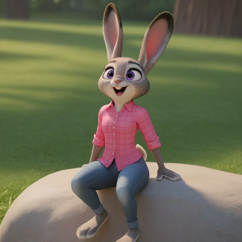 score_9, score_8_up, score_7_up, score_6_up, score_5_up, score_4_up, source_furry, hoppsJudyzt, anthro, female, bunny, grey fur, purple eyes, rabbit ears, rabbit tail, rabbit girl, buck teeth,  pink flannel shirt,  blue jeans lush valley,  sitting on a rock on a riverbank, barefoot,  open mouth, forest,