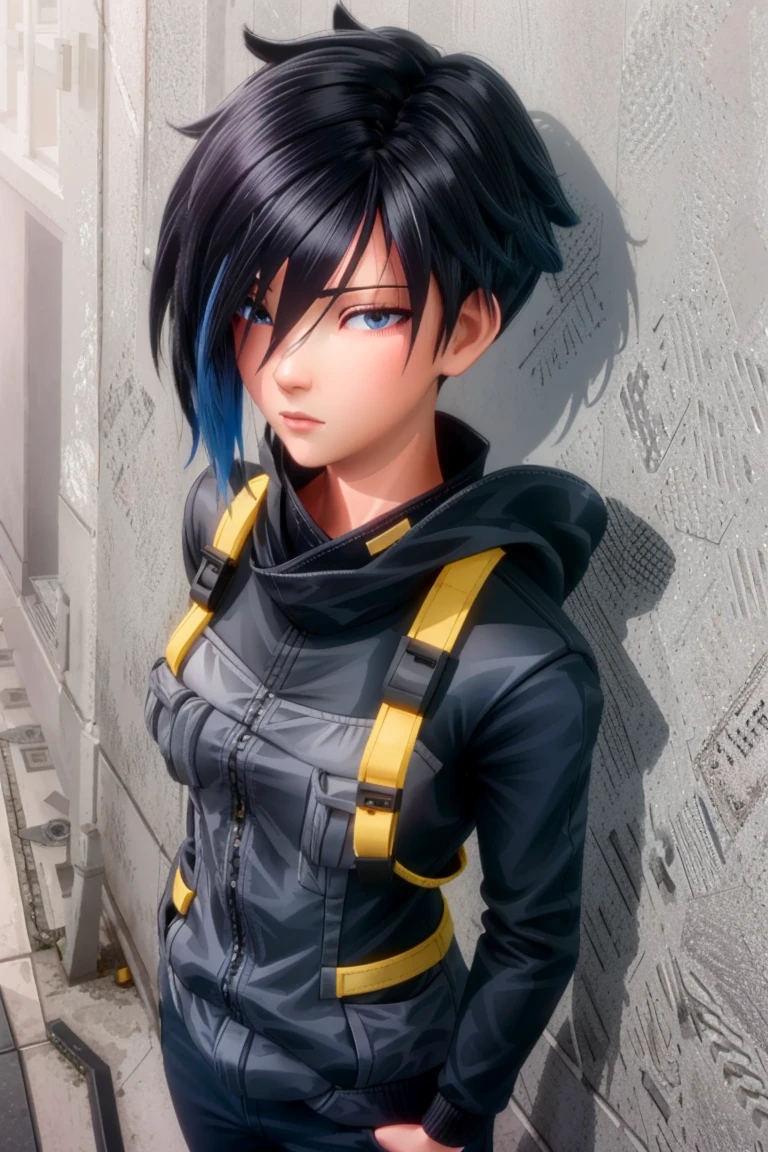 best quality, 1girl, standing, black blue theme,   <lora:Kai_Koguma-05:0.8> kai koguma, short hair, multicolor hair, black hair, blue hair, blue eyes, hair over one eye, cute