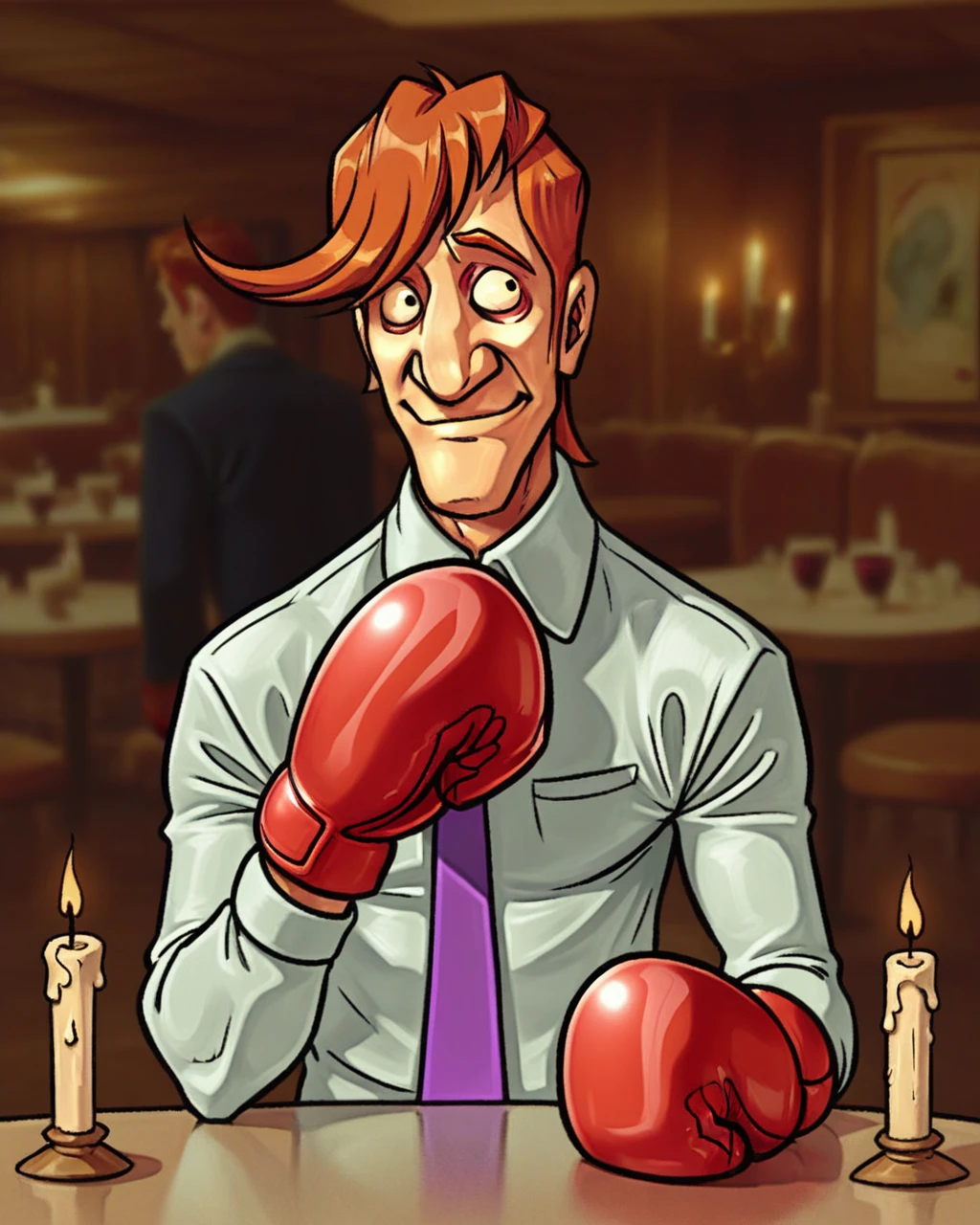 score_9, score_8_up, score_7_up, gl4ssj0e, 1boy, solo, smile, embarrassed, looking sideways, rubbing head, red boxing gloves, white dress shirt, purple necktie, fancy restaurant, candlelit dinner, wine, baguette, realistic, RAW photo <lora:Glass_Joe_r1:0.8>