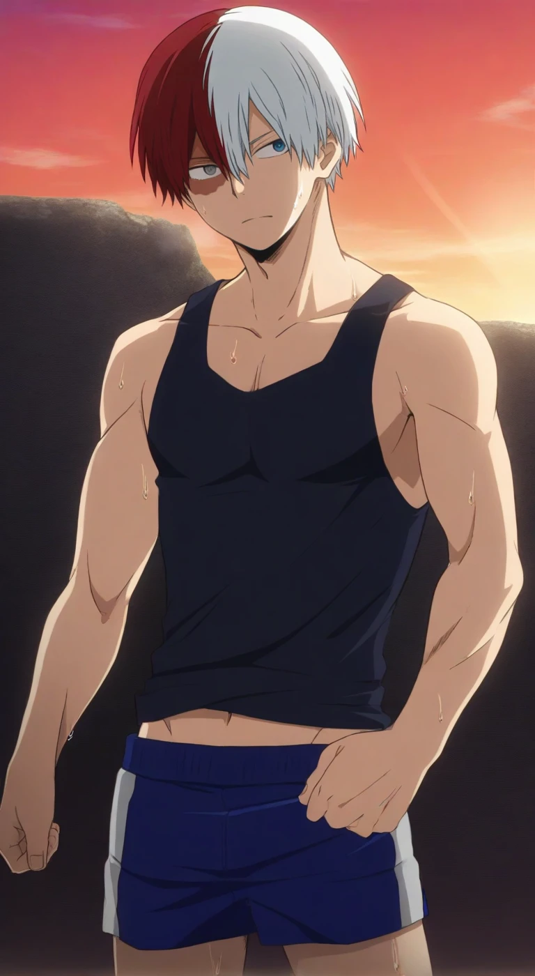 Kiritsugu is sitting and flexing his arms. He wears a black tshirt with short sleeves. His right sleeve is completely rolled up, so you can see his entire arm and shoulder. He wears black short boxershorts. You can see his thighs completely. He has a huge bulge. You can see his abs too. He is admiring his arms.