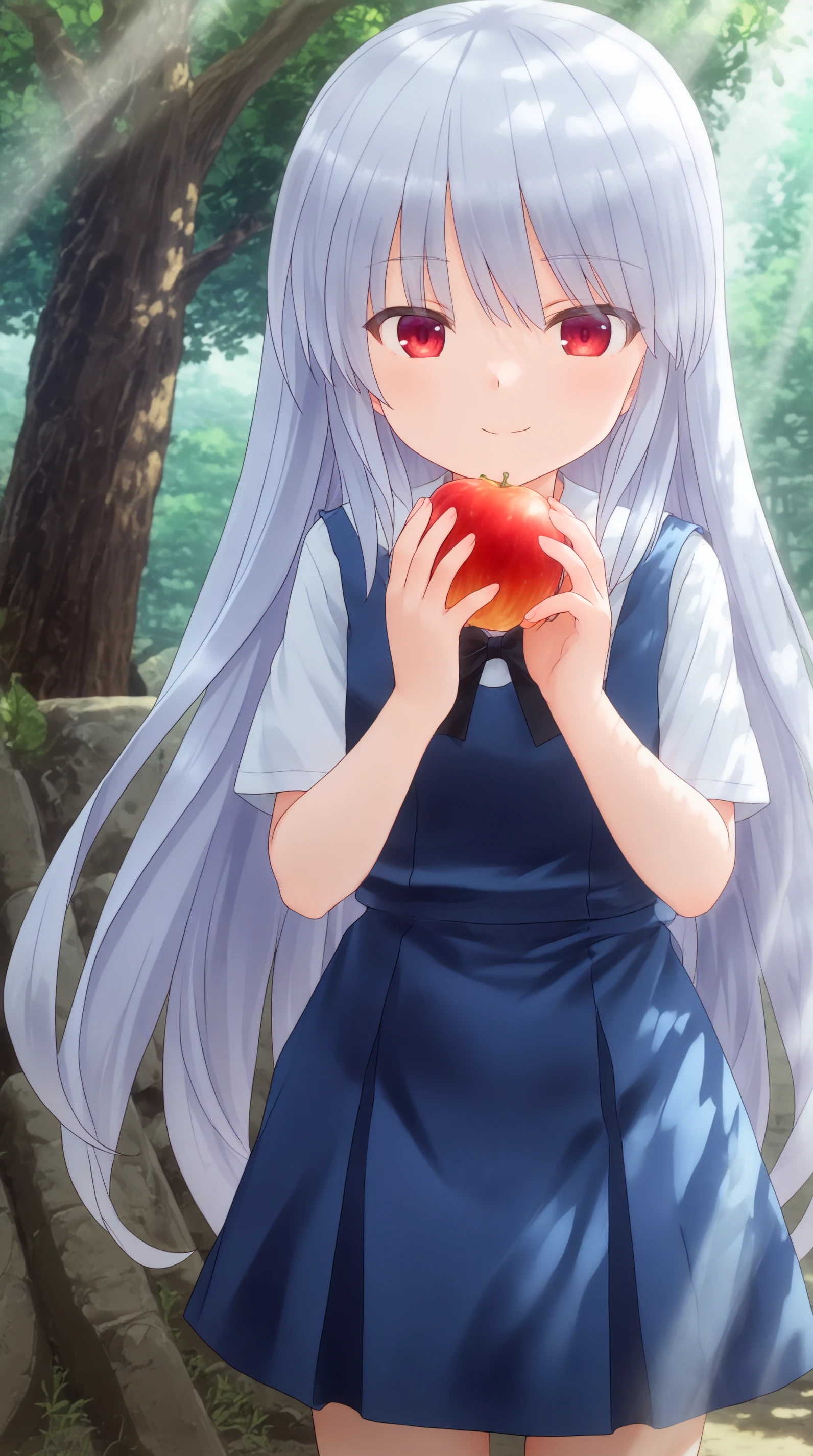 masterpiece, best quality, cinematic lighting, amazing quality, very aesthetic, absurdres, best quality, year 2023,  Kazuki Kazami, Main Outfit, general, solo, looking at viewer, smile, holding, closed mouth, standing, outdoors, cowboy shot, food, day, tree, fruit, leaf, holding food, sunlight, eyes visible through hair, light rays, apple, straight-on, holding fruit, red apple  <lora:JN_Kazuki_Kazami_Illus:0.8>