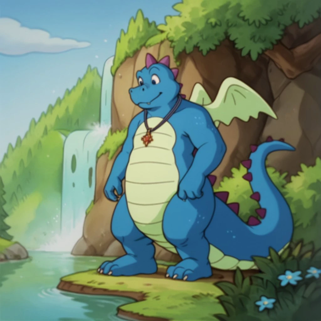 score_9, score_8_up, score_7_up, score_6_up, score_5_up, score_4_up, source_furry, OrdDT, semi-anthro, male, dragon, blue skin, wings, jewelry, necklace standing, outside, lake, waterfall,