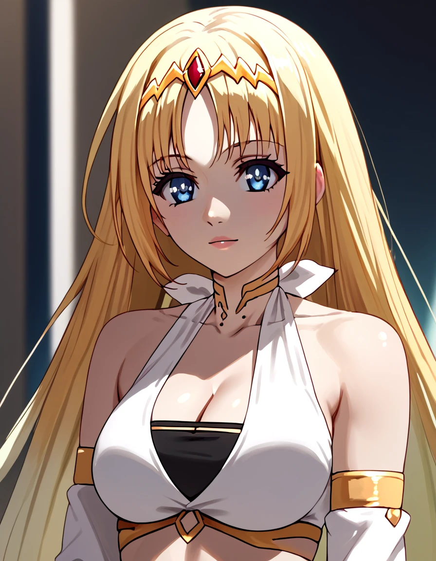 score_9, score_8_up, score_7_up, score_6_up, score_5_up, score_4_up, source_anime,  <lora:MasterofRagnarok:1>, portrait,  felicia, blue eyes, blonde hair, very long hair, navel, cleavage, midriff, detached sleeves, circlet, jewelry,