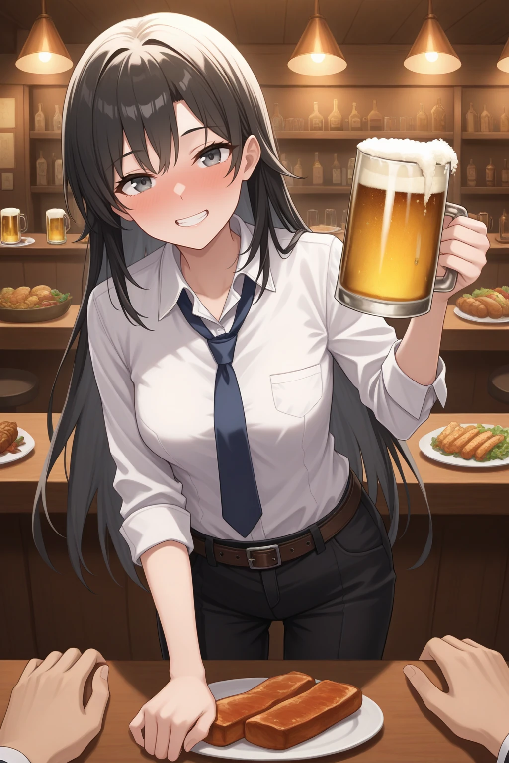 masterpiece, best quality, looking at viewer, smile, teeth, drunk, 1girl, shzhrtsk, medium breasts, long hair, black hair, grey eyes, collared shirt, white shirt, blue necktie, belt, black pants, pov hands, toasting \(gesture\), holding, beer mug, indoors, restaurant, counter, food, plate, <lora:Hoseki_Oregairu_ShizukaHiratsuka_IllustriousXL_v1:1>