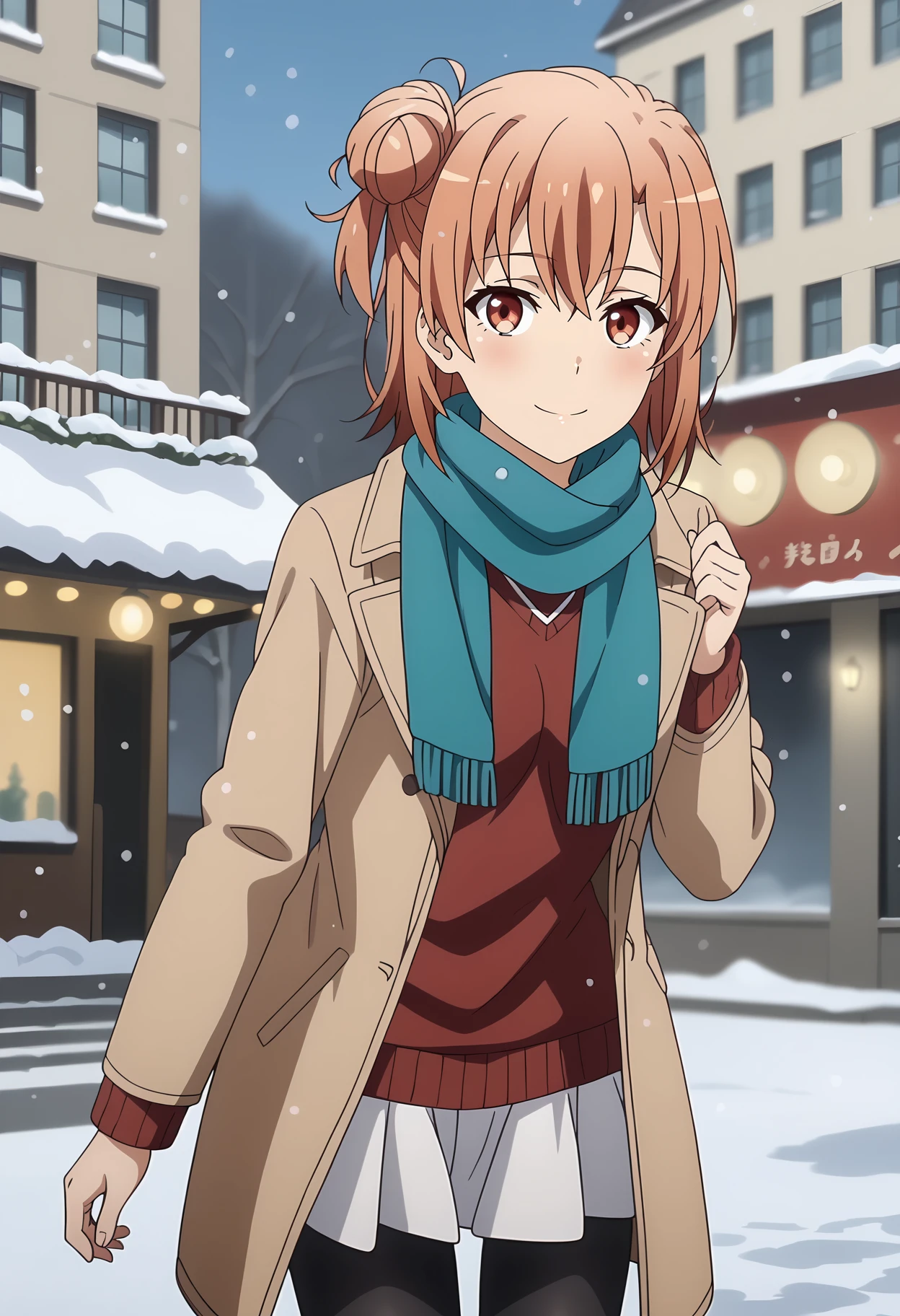 anime screencap,
<lora:YahariOreNoSeishunLoveComedy_YuigahamaYuiXL:0.9>,
1girl, solo, closed mouth, light smile, blush,
medium hair, orange hair, single side bun, multicolored eyes, hair between eyes,
YuiWinterCasual, aqua scarf, open coat, brown coat, red sweater, white skirt, black pantyhose,
thigh gap, cowboy shot, standing, looking at viewer,
winter, snow, snowing, city, outdoors, blurry background