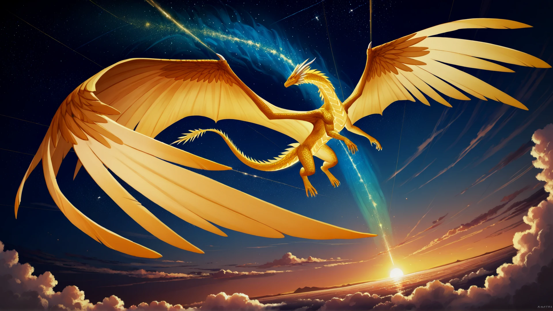 1girl, angel, kneeling on a cloud, white feathered wings, long silver hair, soft glowing light, serene expression, Renaissance art style, <lora:add-detail-xl:0.9>, detailed,
ADDBASE
background
ADDCOL
1dragon, celestial sky, massive wings, glowing golden scales, flying among the stars, otherworldly and divine, 
ADDCOL
background