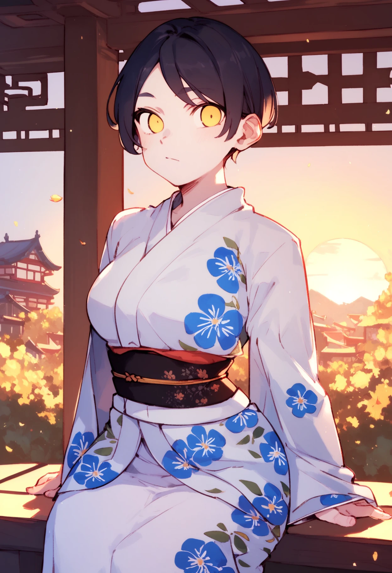 score_9, score_8_up, score_7_up,
1girl, black short hair, bright yellow eyes, asian, medium breasts, oval face, plump,
blue and white kimono, fully clothed, floral print, sun, closed mouth, cowboy shot, looking at viewer, asian village, sitting, 
 <lora:Haseru(GinkuMh):1>, ginkumh1,