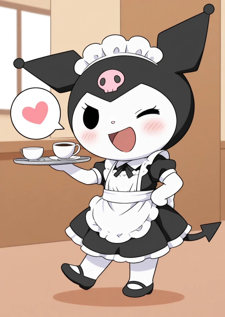 best quality, masterpiece, kuromi, no humans, open mouth, feral, jester cap, dot eyes, skull print, tail, black eyes, chibi, solo, smile, happy, blush, maid outfit, maid headdress, cafe, tray, wink, one eye closed, spoken heart, furry, 