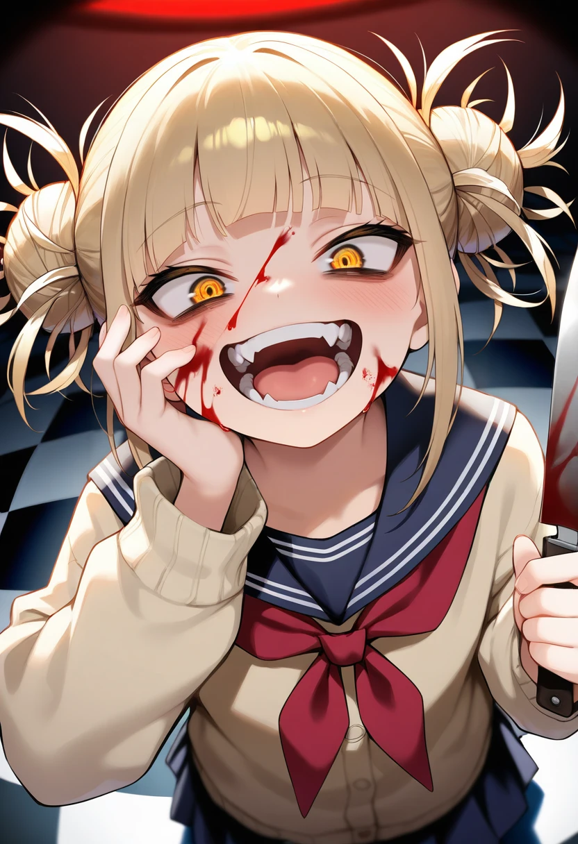 masterpiece, best quality, amazing quality, very aesthetic, absurdres,  newest, scenery, volumetric lighting,  1girl, toga himiko, teeth, open mouth, blood on face, smile, double bun,  crazy eyes, holding knife, hand on own cheek, upper body, school uniform backlighting, from above, dutch angle, , close-up, dutch angle, from above, checkered floor, fisheye, , masterpiece, best quality, amazing quality, very aesthetic, absurdres,  newest, scenery, volumetric lighting