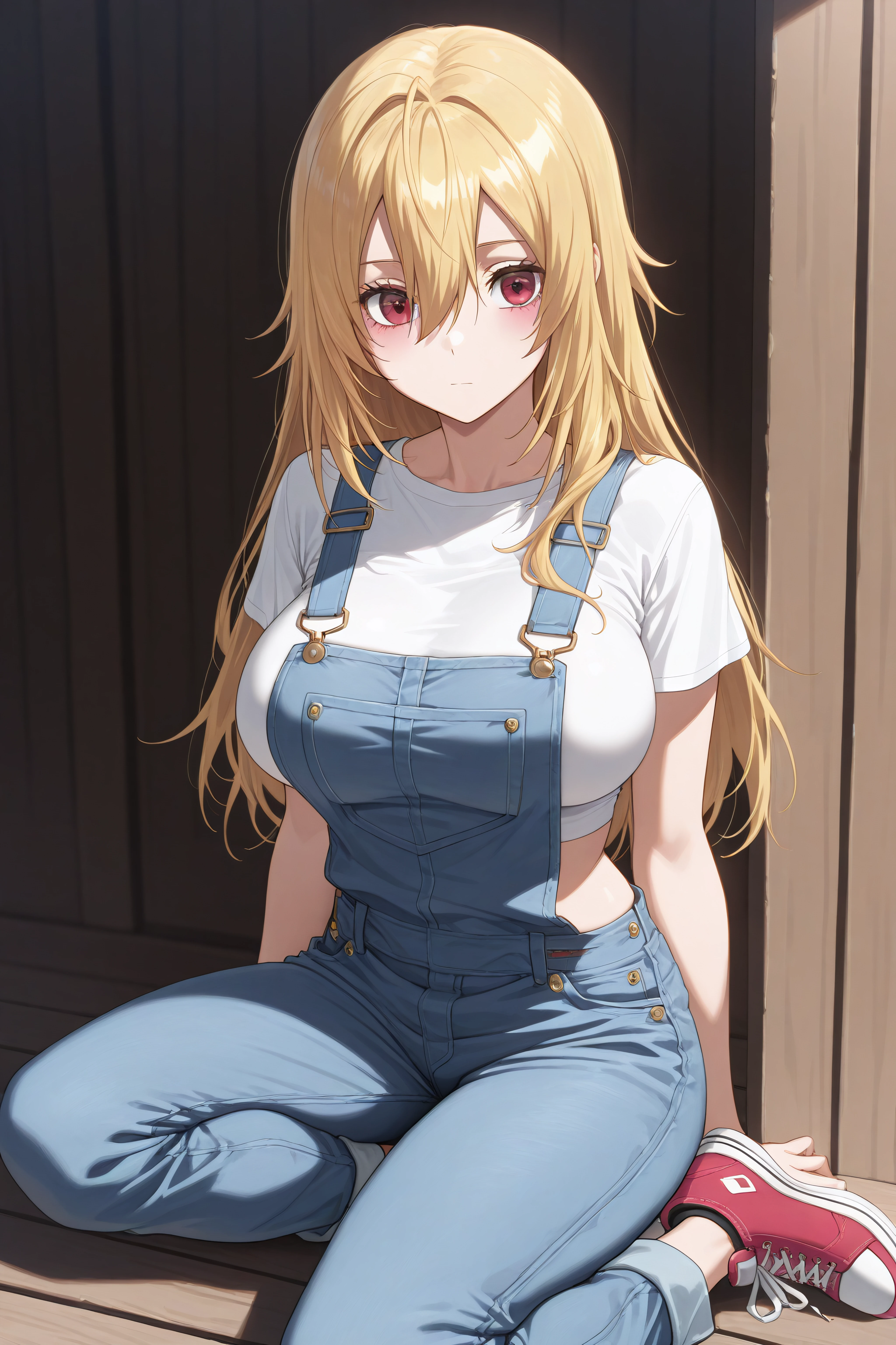 masterpiece, best quality, <lora:Angelica Rapha Redgrave-Illustrious-lora-Faxtron:1> angelica, red eyes, blonde hair, long hair, hair between eyes, large breasts, Denim overalls, crop top, sneakers