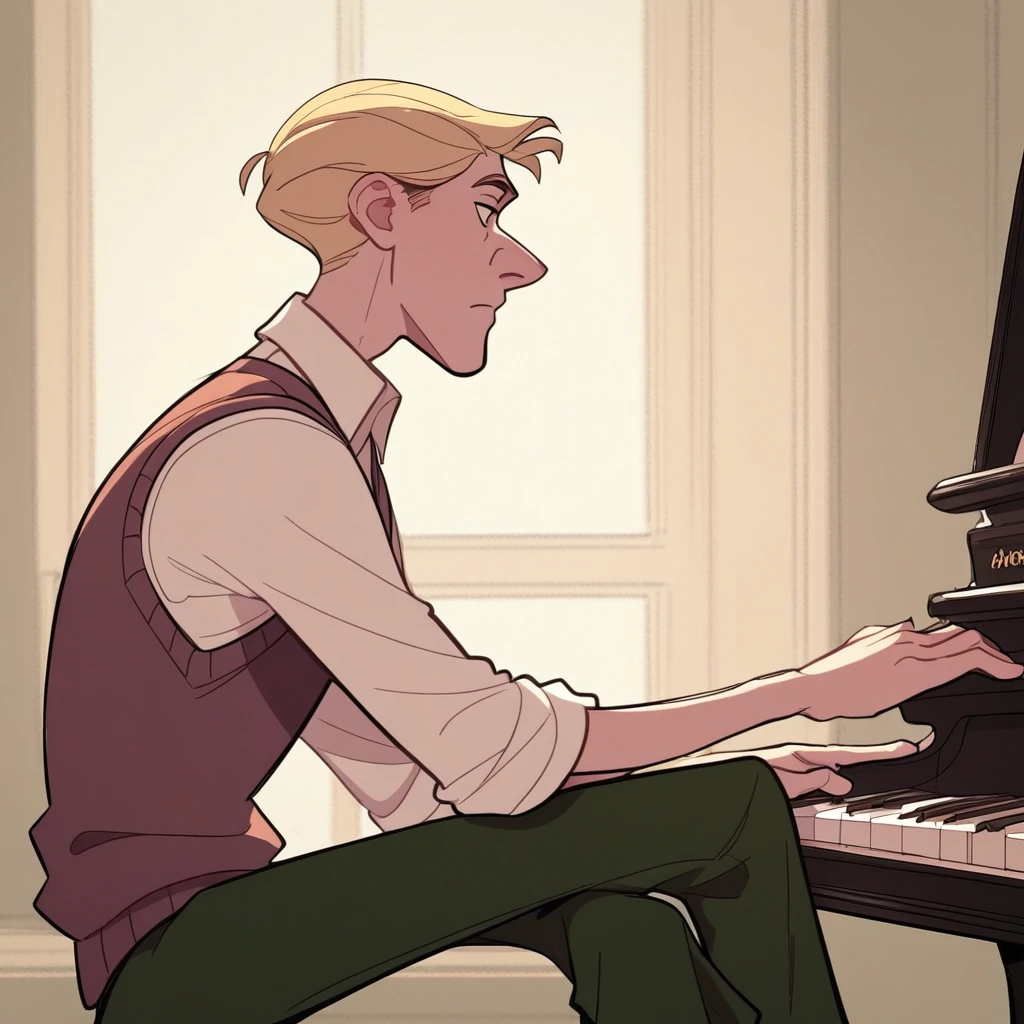 Score_7_up, score_8_up, from side, solo male, RogCliffe, blonde, sweater vest, collared shirt, rolled sleeves, green pants, sitting, playing piano, crossed legs, indoors,