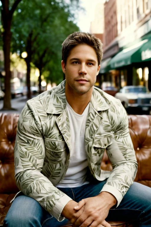 side view, full body view, analog film photo,1 actor, Dean Geyer a man <lora:Dean-Geyer:1> ,muscular,((stubble:1.3)),having sec on cozy sofa,((looking at the camera:2)), a white shirt with a leaf-like pattern, carrying a backpack on one shoulder, outdoor environment with trees storefronts buildings,desaturated,35mm photo, grainy, vignette, vintage, Kodachrome, Lomography,stained, perfect face, highly detailed,  <lora:add-detail-xl:1>