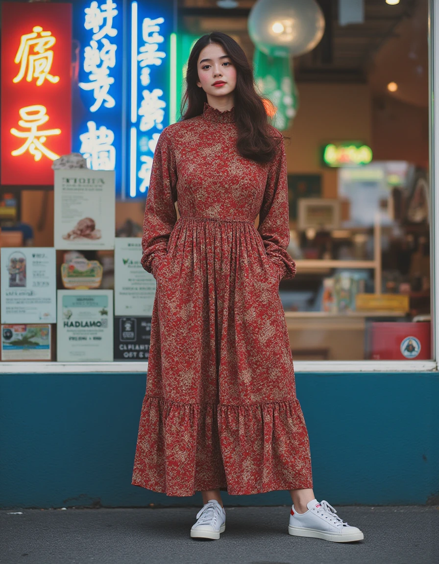The image features a young woman standing in front of a brightly lit storefront, likely taken with a DSLR camera, such as a Canon EOS 5D Mark IV, using an aperture of f/2.8, a shutter speed of 1/250s, and an ISO of 400. The composition follows the rule of thirds, with the woman positioned off-center to the right. She wears maxi Tunic Dress â Knee-length, loose, with high neck and long sleeves; comfortable cotton or jersey with ethnic or boho prints, and sneakers creating a striking contrast against the urban backdrop. The lighting is natural, with daylight illuminating her face and casting soft shadows, enhancing the textures of her clothing. The background is slightly blurred, focusing attention on the subject. The vibrant neon signs and reflections in the glass add depth and a modern urban feel, hinting at influences from street photography and contemporary fashion photography. beautiful woman with normal average weight, she is not fat or obese, her head is small, in good proportion to the rest of the body, round face no chin dimple , detailed skin texture, P4st3l photography, film pastel toned photography, <lora:pastelphoto:1>