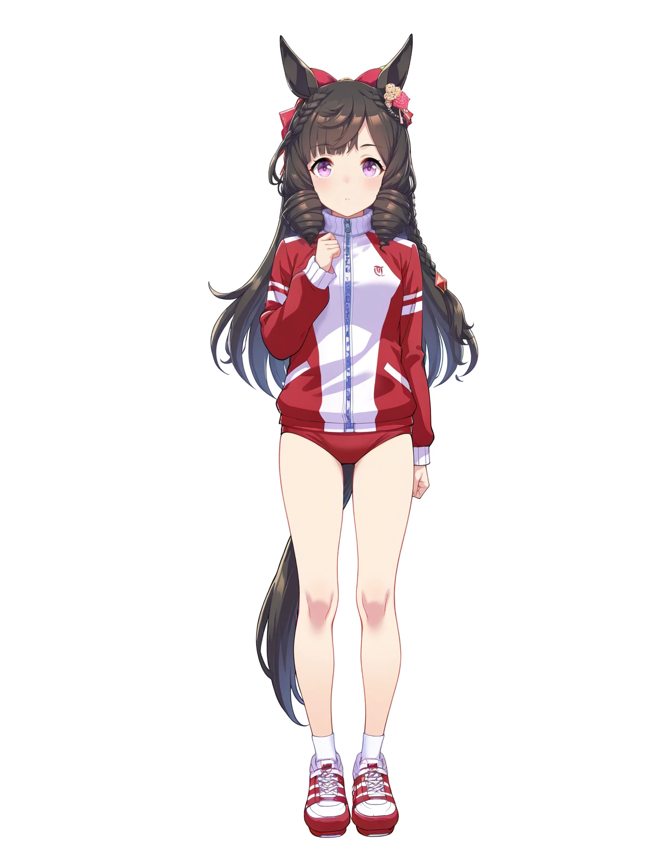 white background,simple background,1girl,solo,black hair,drill hair,crown braid,bangs,horse girl,long hair,purple eyes,DRtrainingBuruma,tracen training uniform,long sleeves,red track jacket,red buruma,red diamond hair ornament,red hair bow,pink and yellow hair flower,white socks,red sneakers,
front view,looking at viewer,standing,from front,full body,
<lora:DaiichiRuby_ILExtraV2:0.9>,masterpiece,best quality,highres,absurdres,umamusume,game cg,