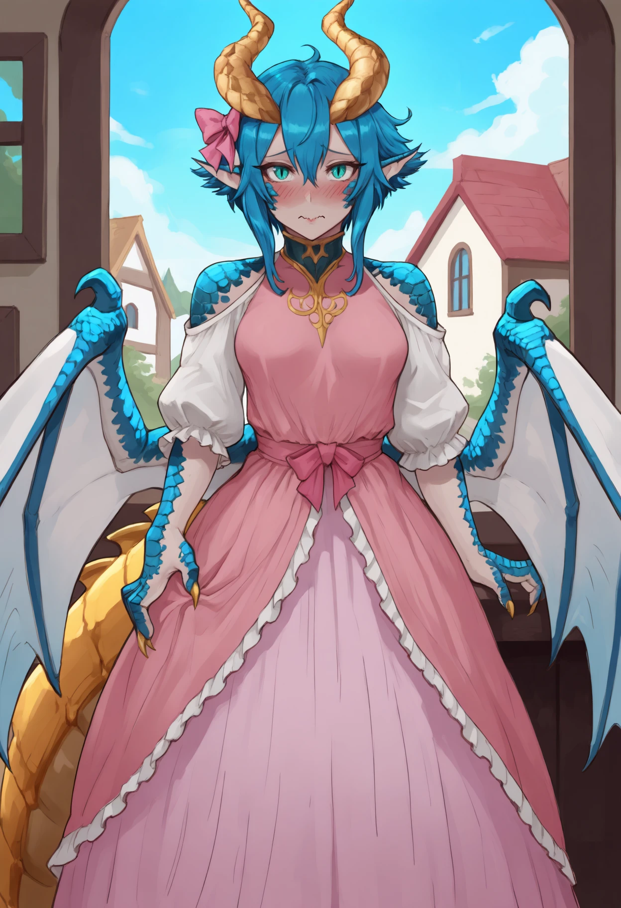 masterpiece, best quality, 1girl, monster girl, horns, blue scales, aqua eyes, slit pupils, animal ears, pointy ears, blue hair, short hair with long locks, hair between eyes, yellow tail, gold tail, yellow tail scales, animal hands, claws, gold nails, medium breasts, blue wing scales, low wings, white wings,
pink dress, puffed sleeves, hair bow, pink bow, bare shoulders, frilled dress,
blush, lipstick, looking at the viewer, wavy mouth,
indoors, house, window, blue sky, summer, medieval, fantasy,
<lora:Skadi-Dragenfelt-NoobAi-1.1_V1-Manityro-CAME:1>,