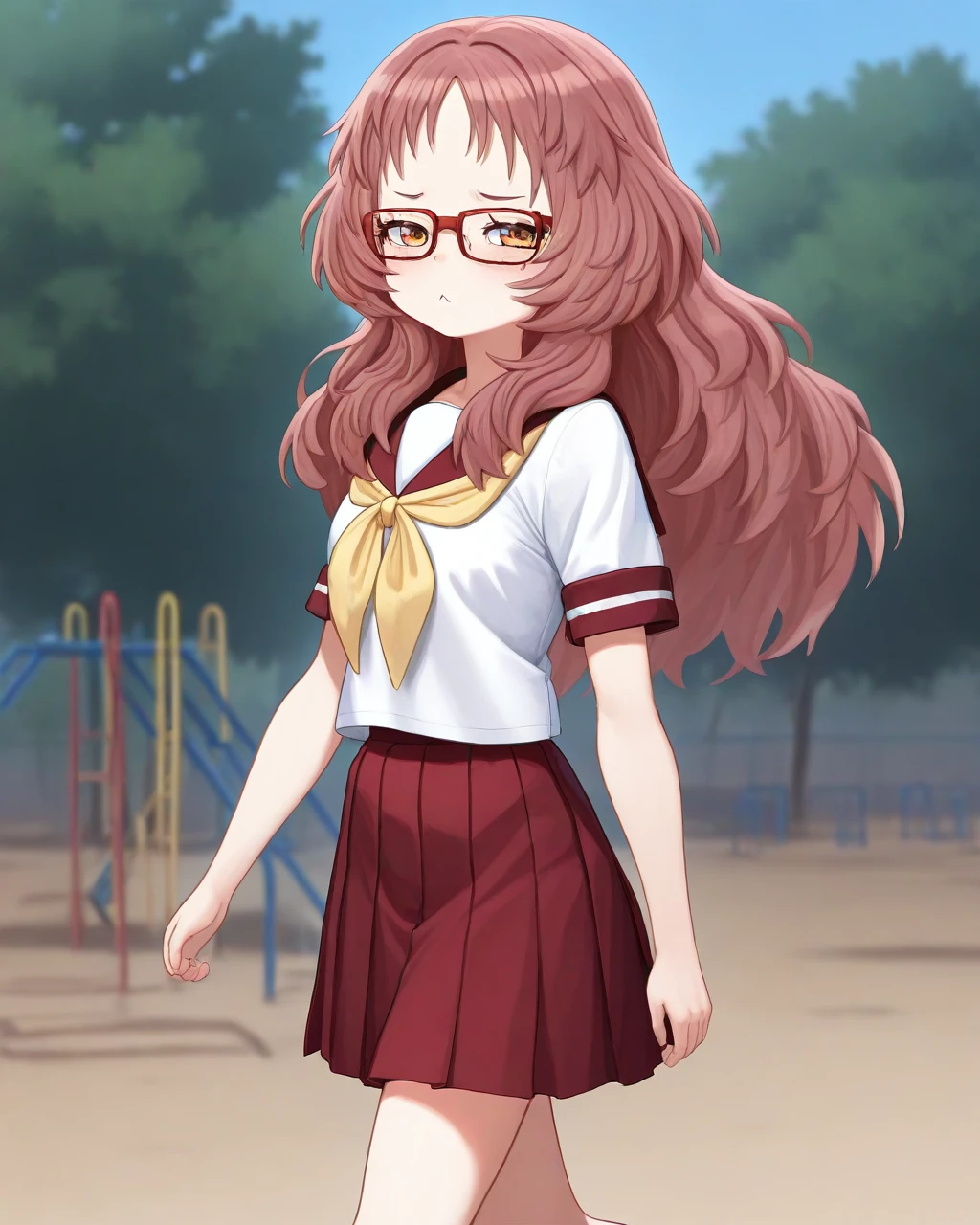 masterpiece, best quality, rating:safe, 1girl, solo, aimie, {miestudent, school uniform, serafuku, yellow neckerchief, red pleated skirt|white short dress|sweaters, short shorts}, {mieglasses,|,} {grin|smiling|:<|sad|embarrassed, blush}, {standing|sitting|walking}, {classroom|playground|living room|library}