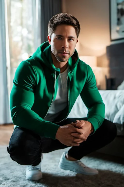 breathtaking cinematic photo masterpiece,highest quality,perfect quality, Dean Geyer a man <lora:Dean-Geyer:1>,wearing a green hoddie,squatting on ground,(wearing a wireless white headphones:1.5),holding gampad,in the bedroom,looking at the camera,cozy scene,35mm photograph,film,bokeh,professional,4k,highly detailed . award-winning,professional,highly detailed,. 35mm photograph,film,bokeh,professional,4k,highly detailed . award-winning,professional,highly detailed,