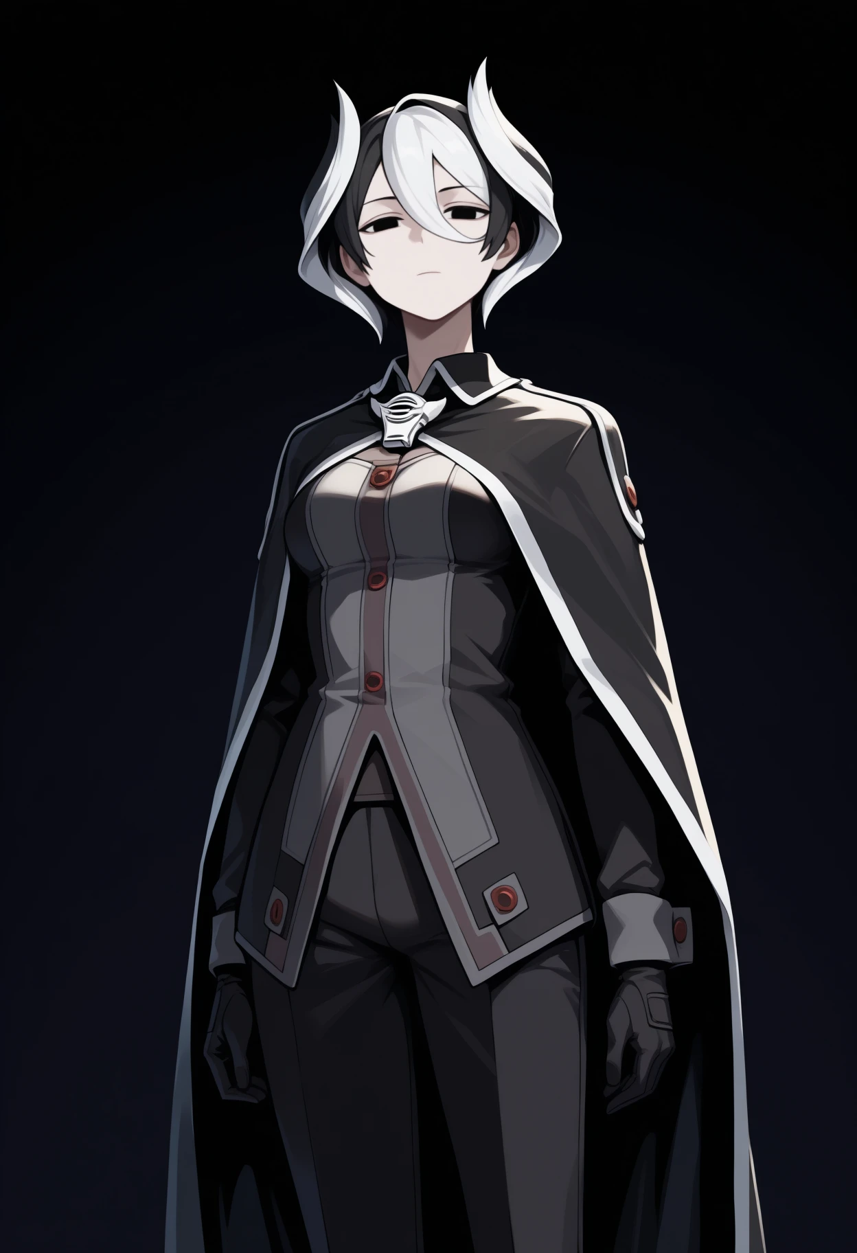 masterpiece, best quality, <break> solo, 1girl, oz3n, expressionless, looking at viewer, standing, arms at sides, short hair, two-tone hair, black hair, white hair, hair between eyes, black eyes, black cape, black jacket, long sleeves, black gloves, black pants, whistle around neck, dark background
<segment:yolo-Anzhc Face seg 640 v2 y8n.pt,0.4,0.5//cid=1>