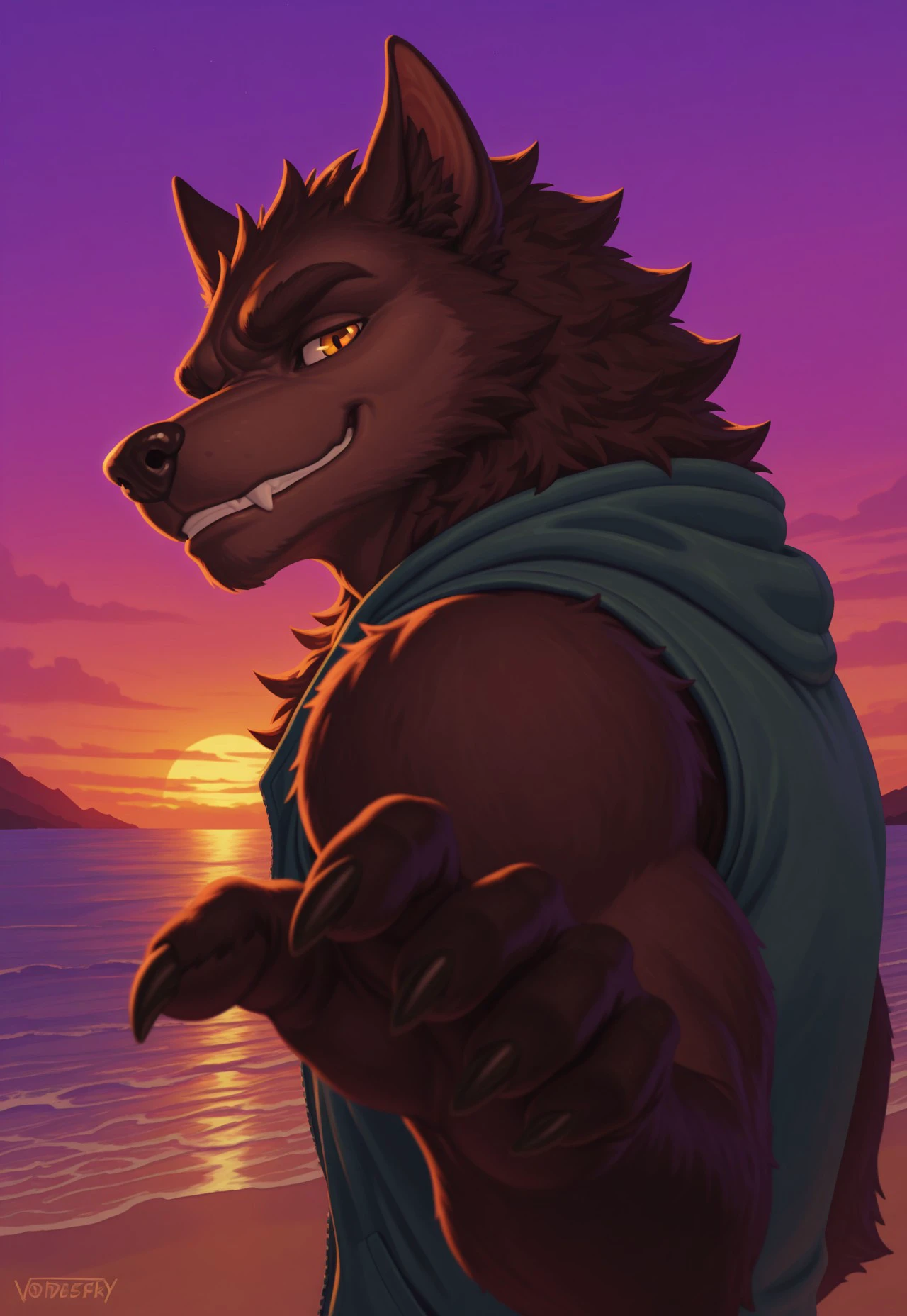 furry, solo,werewolf, 
, close up, reaching, reaching hand, upper body, sunset, (nice hands, claws), (sleeveless jacket), 5fingers, (inviting), looking at viewer, close up, beach, side view, 



, v01d1e5ky, masterpiece,best quality,amazing quality,