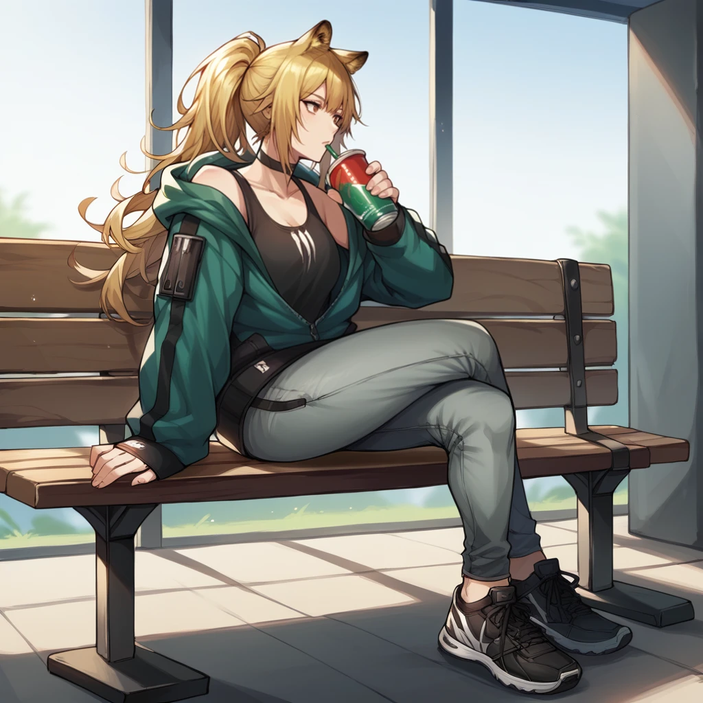 score_9_up, score_8_up, score_7_up, source_anime, 1girl, solo, gym, window, day, gym interior, crossed legs, sitting on metal bench, holding sports drink, looking to side, uninterested, full body, black footwear, sneakers,  SGark, SG_2nd, siege (arknights), yellow eyes, blonde hair, long hair, ponytail, tiger ears, tiger tail, black choker, black tank top, alt tank top, partially unzipped, green hoodie, grey pants, off-shoulder hoodie, mature body, dynamic cowboy shot, 