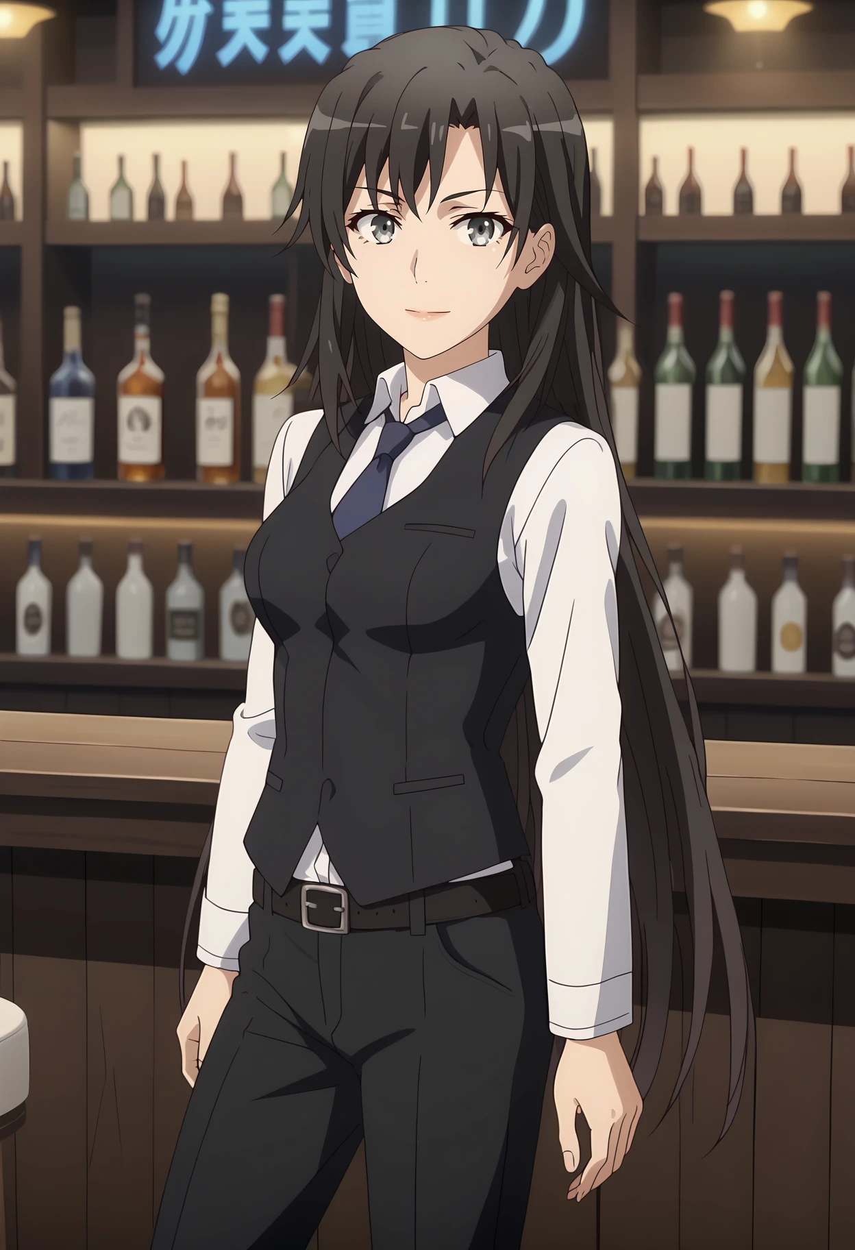 anime screencap,
<lora:YahariOreNoSeishunLoveComedy_HiratsukaShizukaXL:0.9>,
1girl, solo, closed mouth, light smile,
long hair, black hair, grey eyes,
HiratsukaShizuka, black vest, white shirt, blue necktie, long sleeves, black belt, black pants,
cowboy shot, standing, looking at viewer,
bar (place), outdoors, blurry background