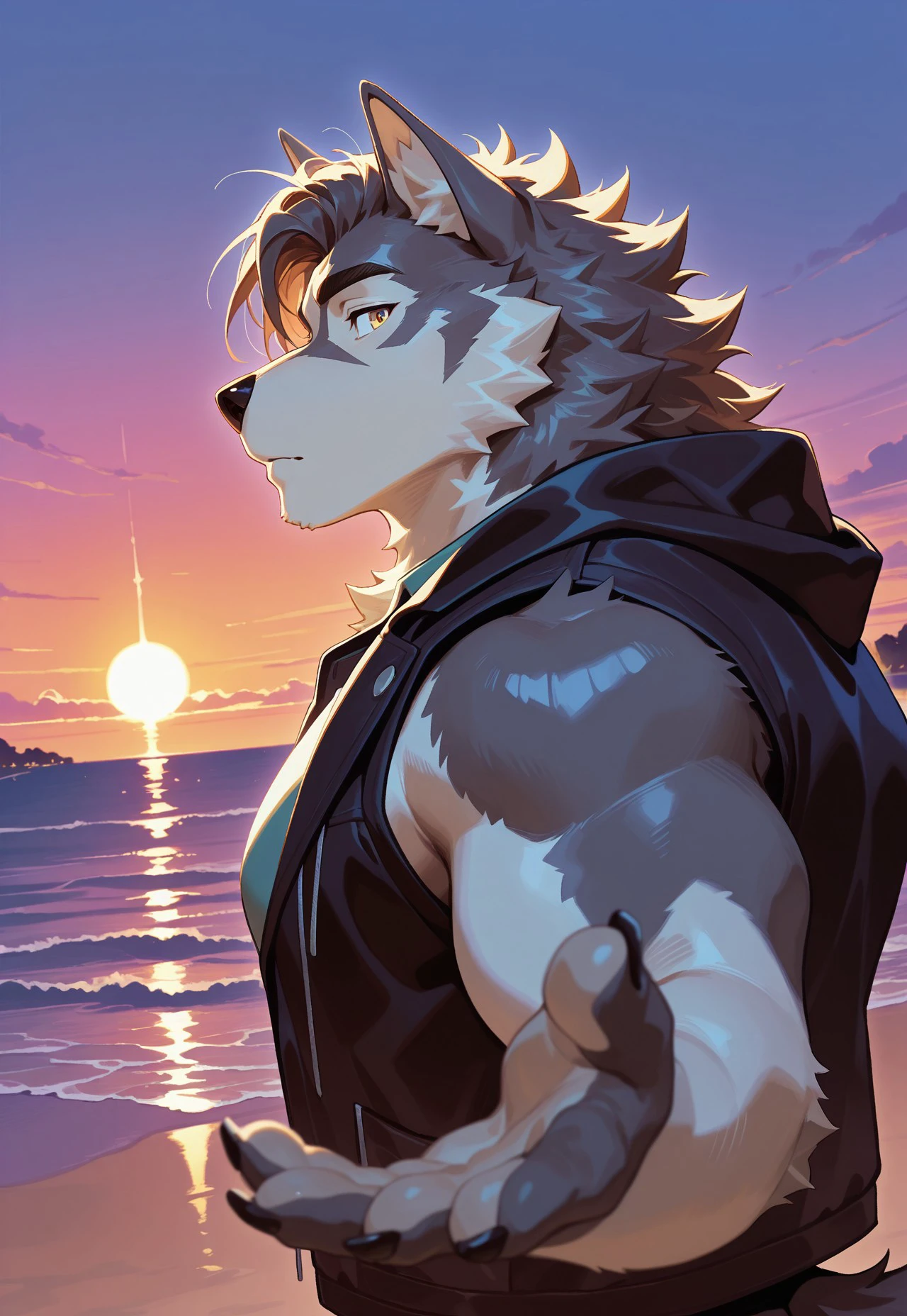 furry, solo,wolf , muscular male, 
, close up, reaching, reaching hand, upper body, sunset, (sleeveless jacket), looking at viewer, close up, beach, side view, 



2024, 2023, 2022, null-ghost, masterpiece,best quality,amazing quality,