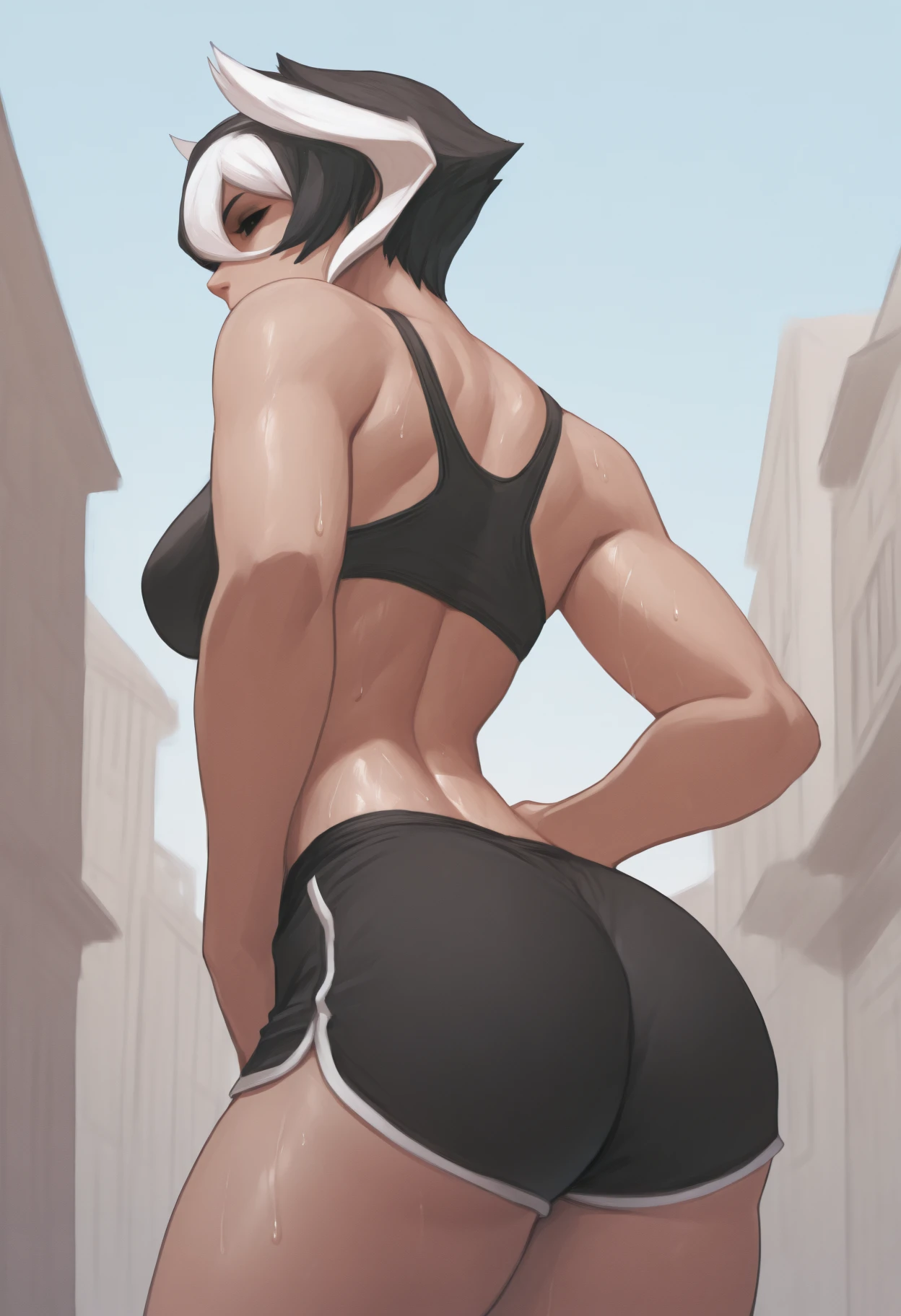 masterpiece, best quality, <break> from behind, solo, 1girl, oz3n, sweat, expressionless, looking back, hand on own hip, short hair, two-tone hair, black hair, white hair, hair between eyes, black eyes, black sports bra, black shorts, dolphin shorts, micro shorts, ass, outdoors, day, city street
<segment:yolo-Anzhc Face seg 640 v2 y8n.pt,0.4,0.5//cid=1>