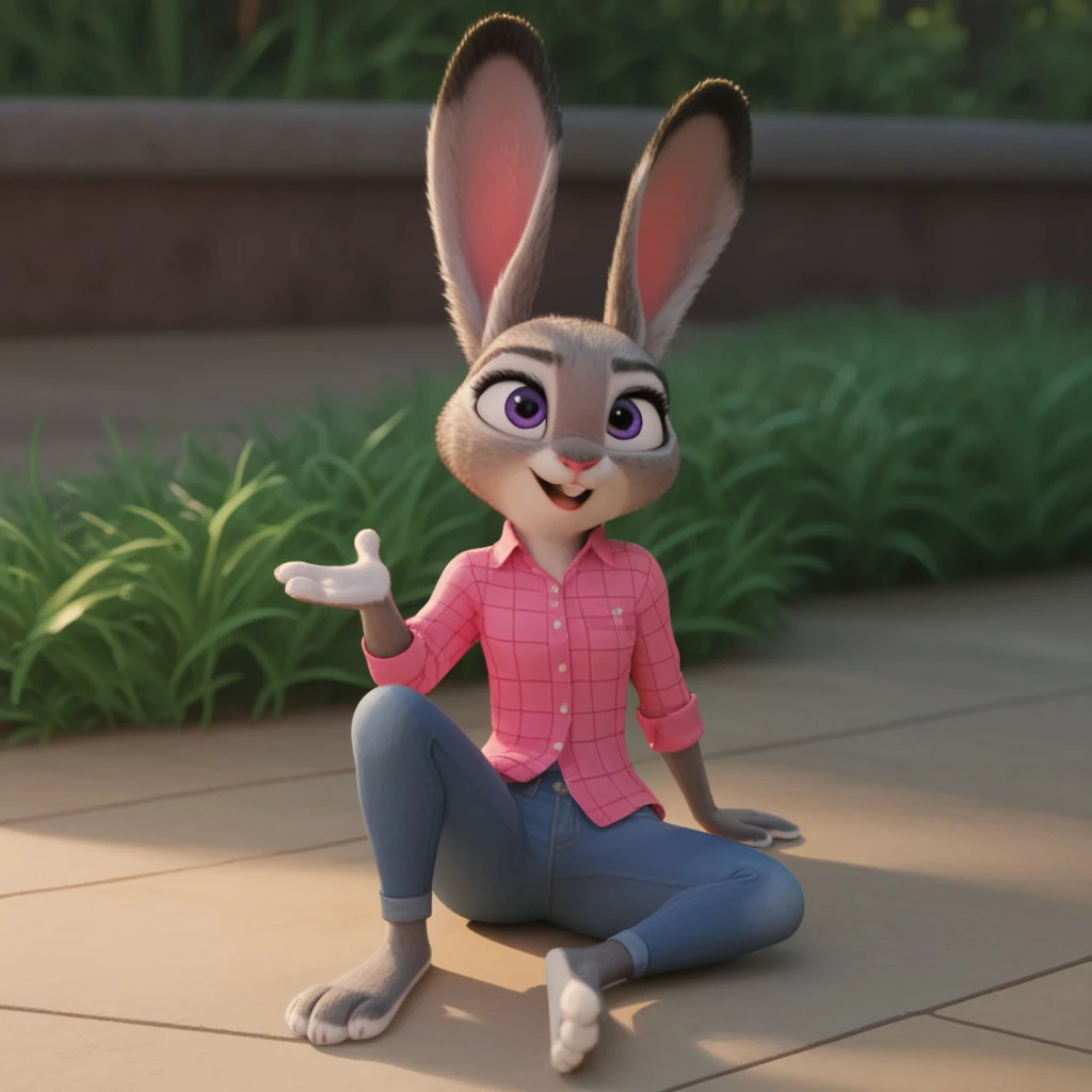 score_9, score_8_up, score_7_up, score_6_up, score_5_up, score_4_up, source_furry, hoppsJudyzt, anthro, female, bunny, grey fur, purple eyes, rabbit ears, rabbit tail, rabbit girl, buck teeth,  pink flannel shirt,  blue jeans lush valley,  sitting on a rock on a riverbank, barefoot,  open mouth, forest,