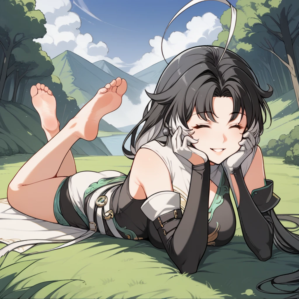 score_9_up, score_8_up, score_7_up, source_anime, 1girl, solo, mountain, sun light, forest, trees, shadow, clouds, sun rise, (lying on stomach)++, on grass, bushes, flowers, hands on cheeks, looking at you, angled shot, face focus, closed eyes, soles, barefoot, happy smile parted lips, feet up, Jianxin, Jia_Def, black hair, long hair, grey eyes, chinese clothes, dress, black shorts, teal trim, single thigh boot, single knee boot, clothing cutout, open skirt, two-tone skirt, white belt, pouch, asymmetrical clothes, two-tone dress, white dress, black dress, low twintails, colored inner hair, white hair, ahoge, asymmetrical legwear, asymmetrical footwear, white glove, black glove, mismatched gloves, mismatched sleeves, asymmetrical sleeves, white sleeve, black sleeve, elbow glove, singe glove, armpit cutout, mature body, dynamic cowboy shot, 