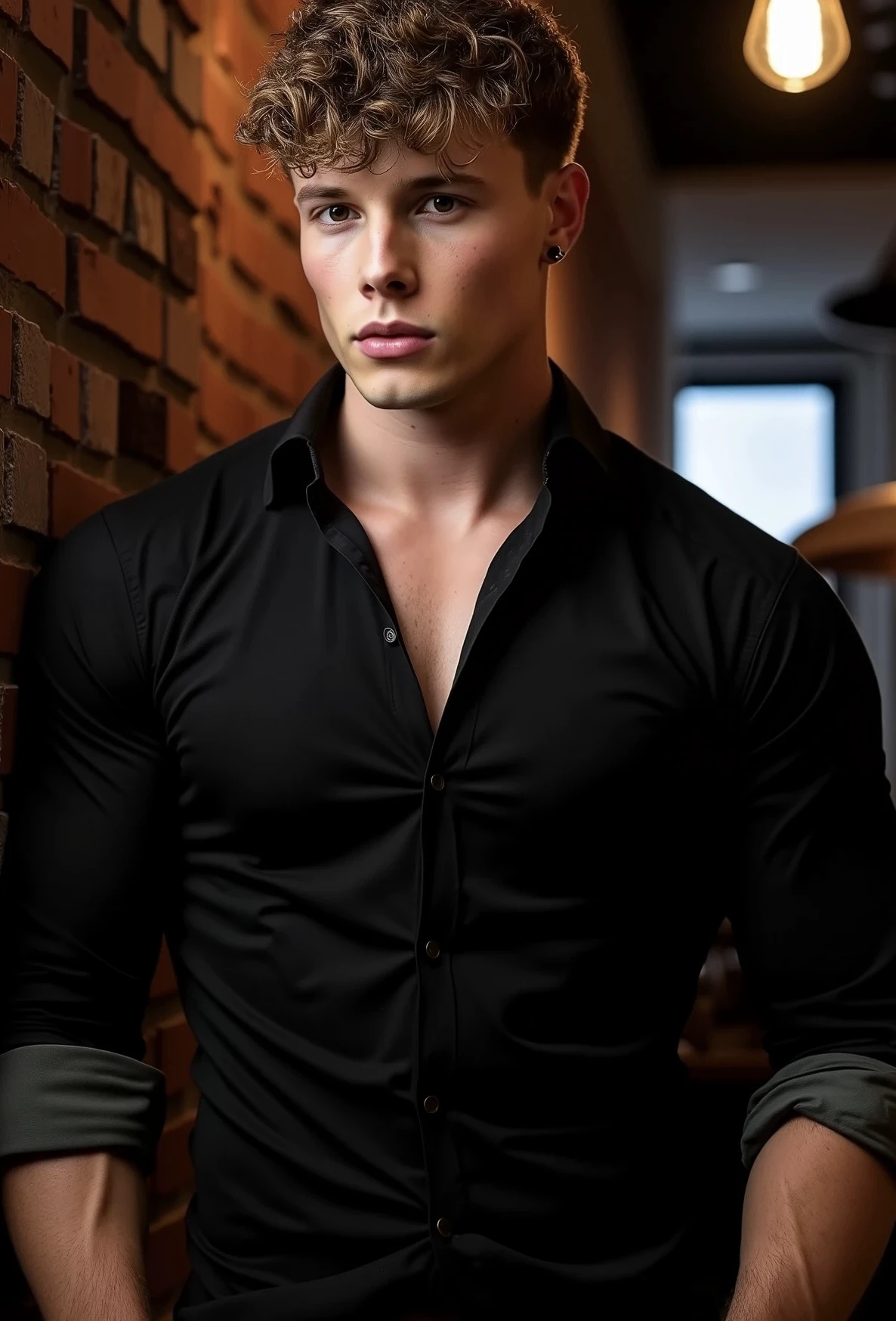 Benjamin Hilton. The image is a high-resolution photograph of Benjamin Hilton with a clean-shaven face and short tousled, light brown hair with a messy fringe. He is leaning against a brick wall in a dimly lit nightclub. He has a light complexion and expressive hazel eyes. His facial expression is neutral, looking at the viewer. He is wearing a tight black buttoned-up shirt with the sleeves rolled up to his elbows, that is tight against his muscled torso. The sleeves of the shirt hug his biceps tight. He is wearing fitted denim jeans with a black belt and silver buckle.