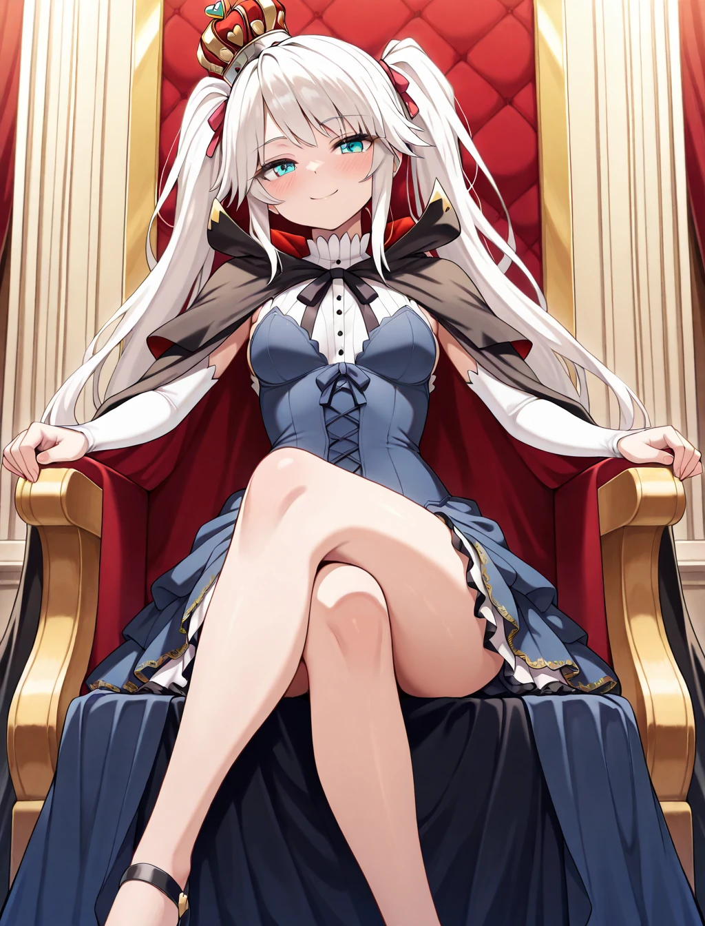 (masterpiece) ,best quality,amazing quality,very aesthetic,absurdres,newest, highres, anime style, BREAK Sybilla, royal palace,   fully clothed, solo, darkblue dress, coronet, royal cloak,  sitting on throne, crossed legs, smile