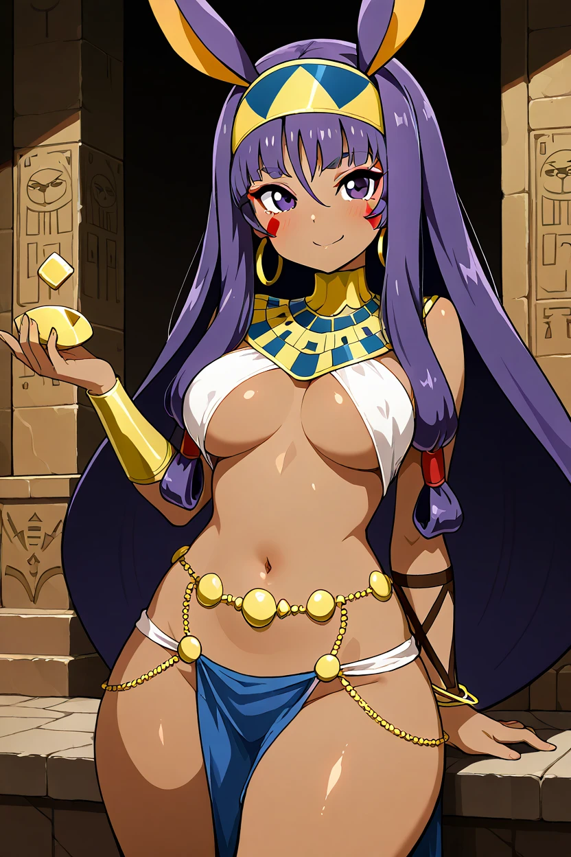 masterpiece, best quality, medium breasts, (curvy),  ,,, BREAK, zzNitocris, purple hair, purple eyes, animal ears, dark skin, long hair, facial mark, hairband, jewelry, bracelet, egyptian clothes, thighs, belly chain, usekh collar, white clothes, <lora:NitocrisIXL_v2:1.0>,BREAK,  smile, looking at viewer, cowboy shot,  <lora:QuickCuteIXL:1.0>, ,