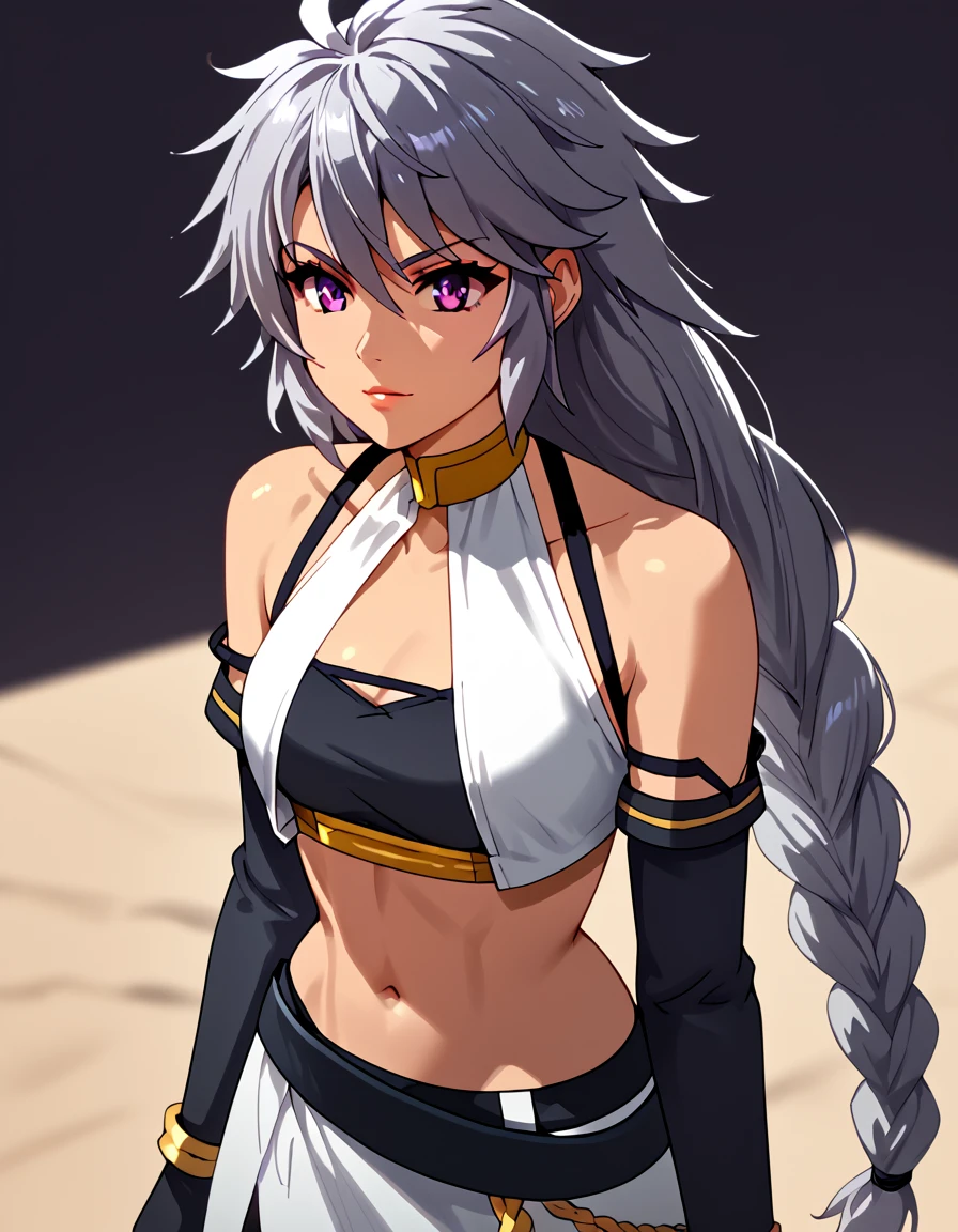 score_9, score_8_up, score_7_up, score_6_up, score_5_up, score_4_up, source_anime,  <lora:MasterofRagnarok:1>, portrait,  sigrun, purple eyes, grey hair, long hair, single braid, braid, navel, midriff, gloves, elbow gloves, thighhighs,