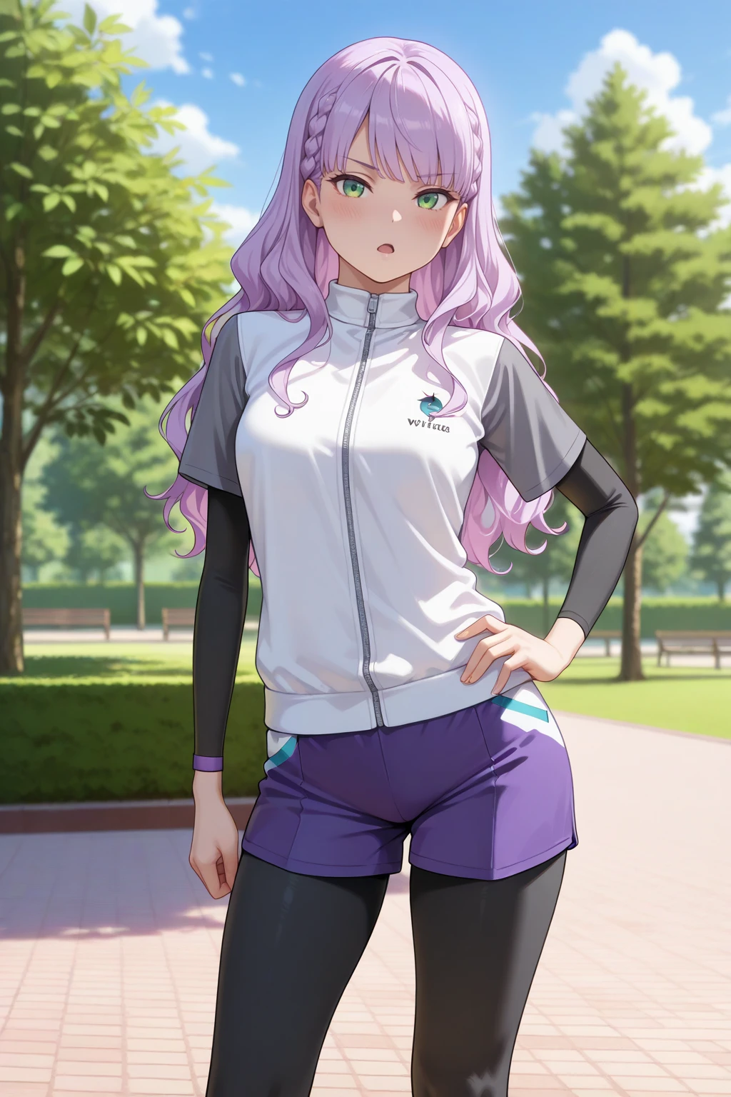 masterpiece, best quality, amazing quality, very aesthetic, absurdres, photorealistic, 1girl, solo,
<lora:wien_izo_IL:0.8>, wien, long hair, wavy hair, purple hair, green eyes, braid,
medium breasts, purple training shorts, black leggings under shorts, short sleeves, short over long sleeves, training shirt, layered sleeves,
seductive gaze, bedroom eyes, serious, open mouth,
blush, looking at viewer, standing, contrapposto, hand on hip, one hand up, pointing towards viewer,
blurry background, outdoors, blue sky, clouds, tree, park,