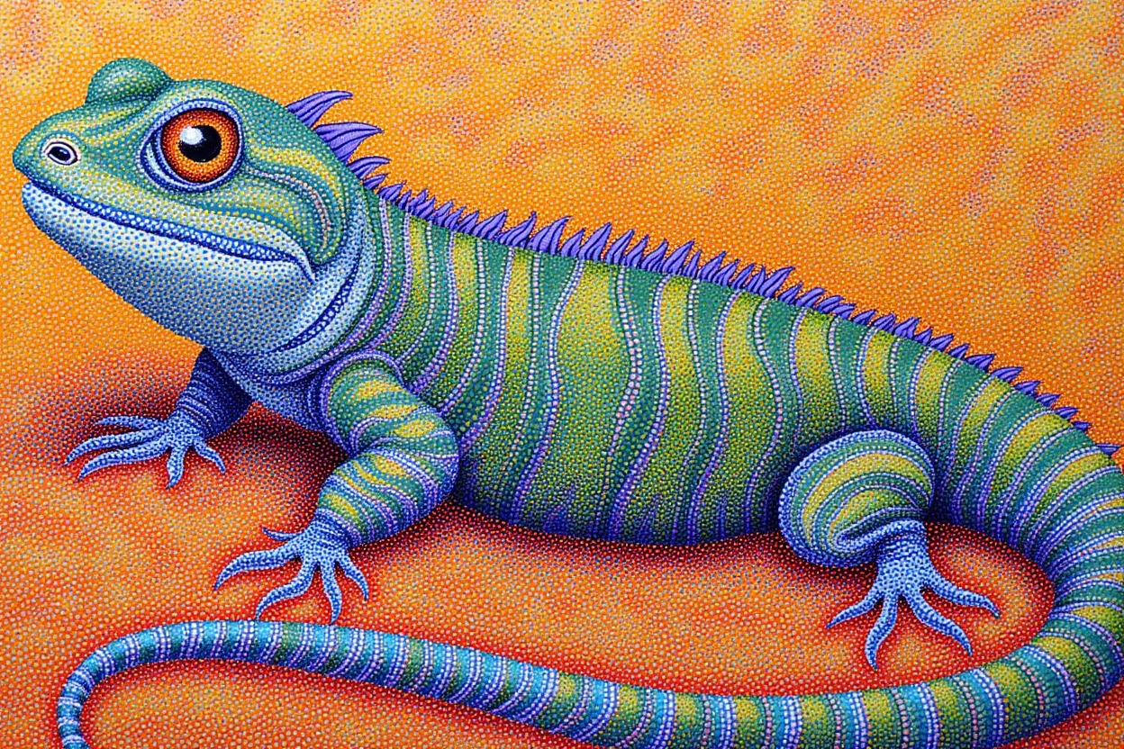 dotted truepointilli painting of a lizard rendered with a paisley pattern