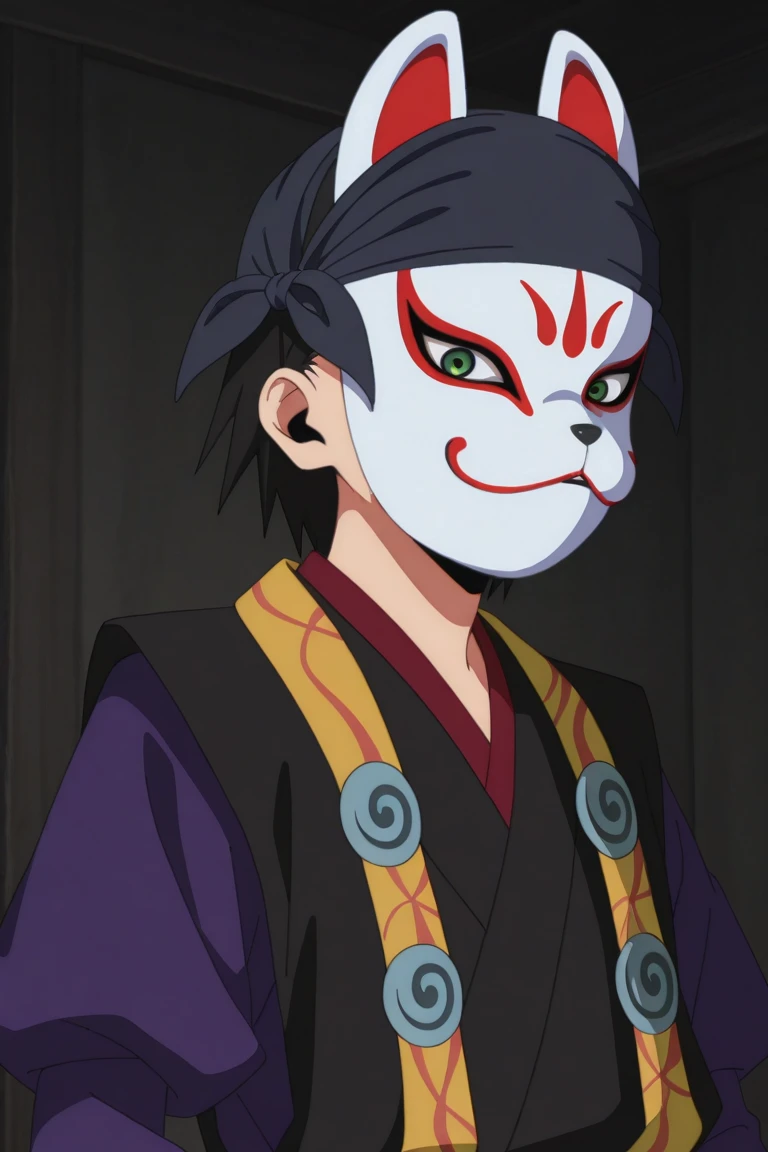 masterpiece, best quality, amazing quality, very aesthetic, absurdres, newest, masterpiece, best quality, amazing quality, very aesthetic, absurdres, newest,
kazama genba, black hair, fox mask, japanese clothes, ninja, purple shirt, bandana, official style, mask, solo, 1boy, male focus, green eyes, kimono