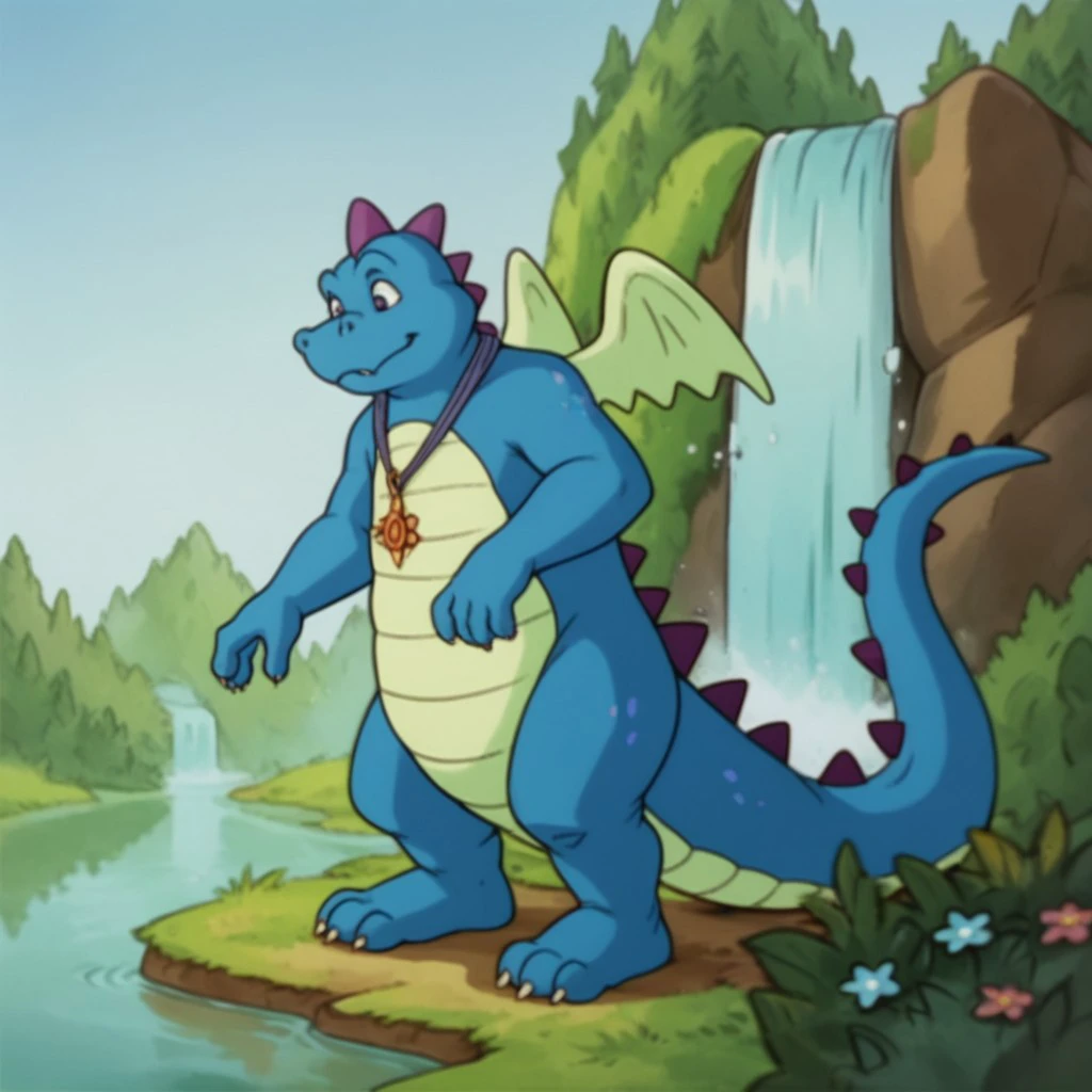 score_9, score_8_up, score_7_up, score_6_up, score_5_up, score_4_up, source_furry, OrdDT, semi-anthro, male, dragon, blue skin, wings, jewelry, necklace standing, outside, lake, waterfall,