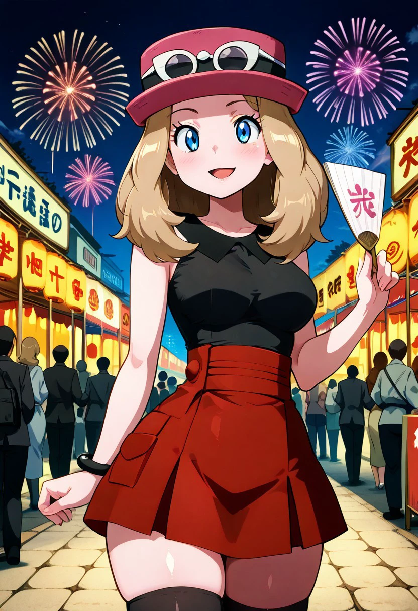 masterpiece, best quality, medium breasts, (curvy),
zzSerena, solo, long hair, blue eyes, eyewear on headwear, pink headwear, eyelashes, sleeveless shirt, black shirt, bracelet, high-waist skirt, red skirt, black thighhighs,
smile,
 excited expression, holding a paper fan, colorful yukata, fireworks lighting up the sky, glowing reflections, romantic atmosphere, summer festival background, vibrant details