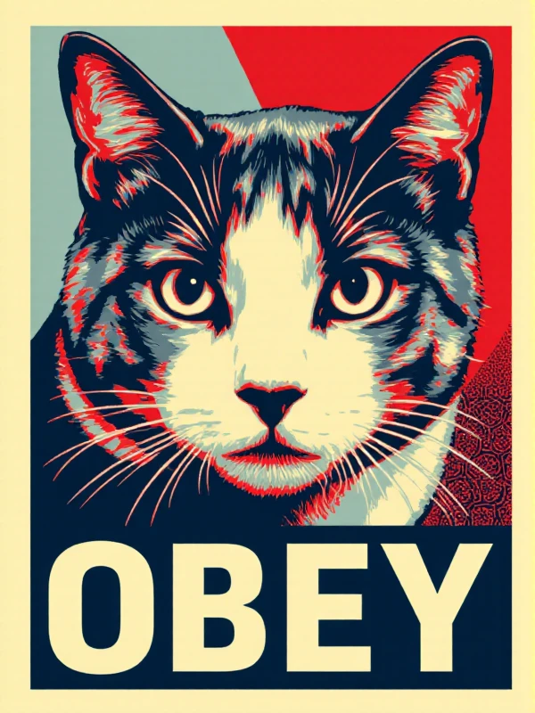 <lora:Shepard_Fairey_Style:0.9> shepard fairey style, a cat closeup face portrait with the text "OBEY"