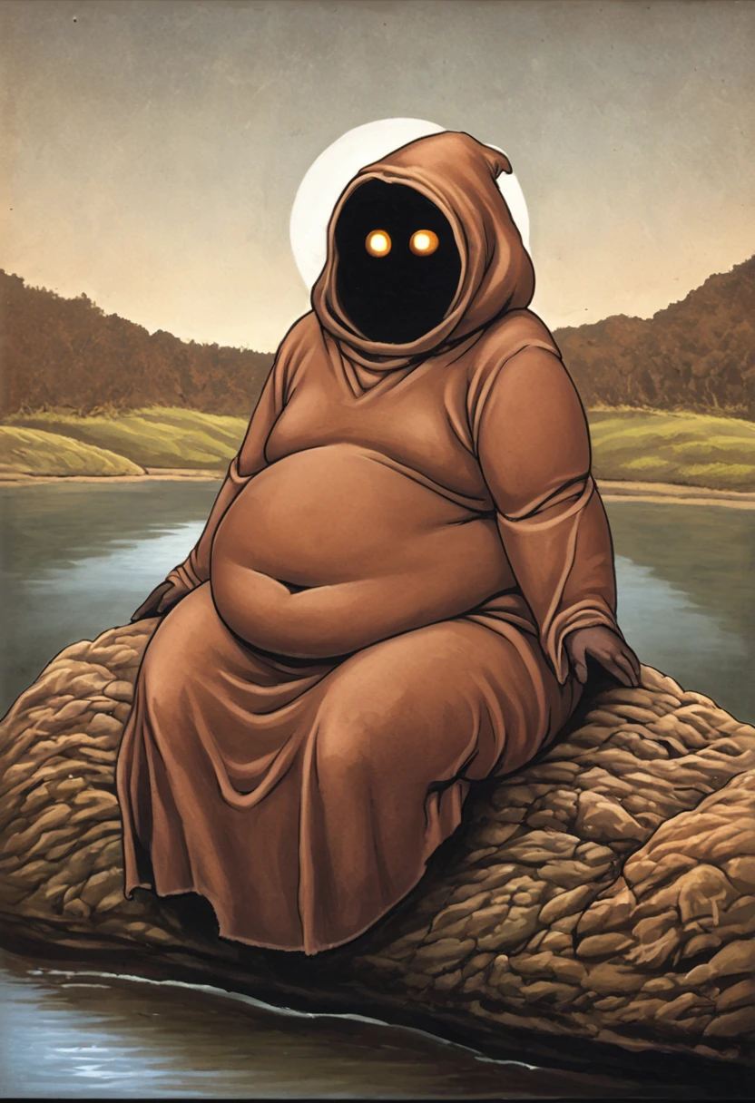 <lora:Jawa:1.2>, Jawa-PXL, jawa, 1other, faceless, solo, obese, Flat chested, cowboy shot, river, moonlight, , , , sitting, , , source_cartoon